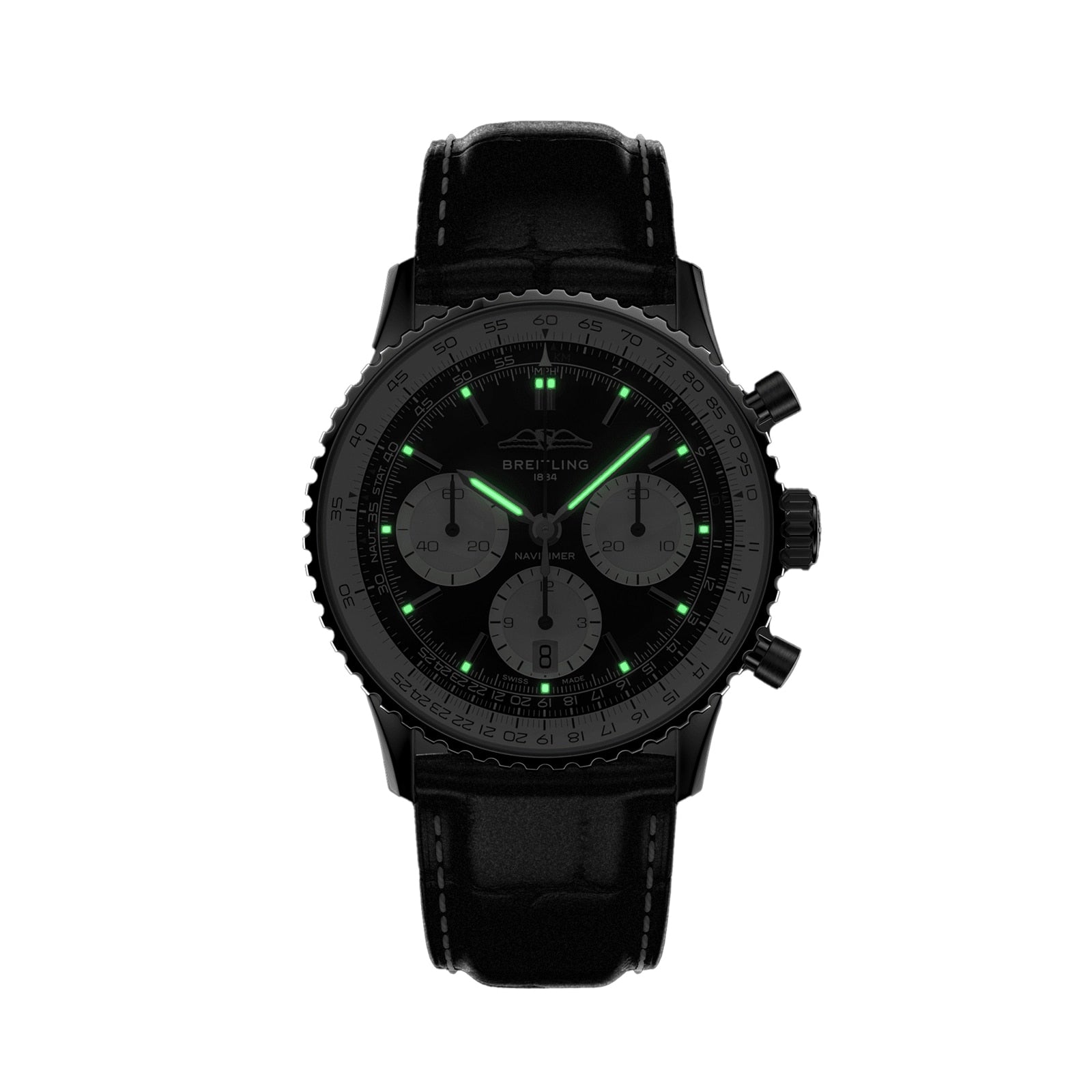 The Breitling Navitimer B01 Chronograph 41 is a black pilot’s watch with a leather strap, glowing green luminescent hour markers and hands, featuring the B01 chronograph movement, displayed against a white background.