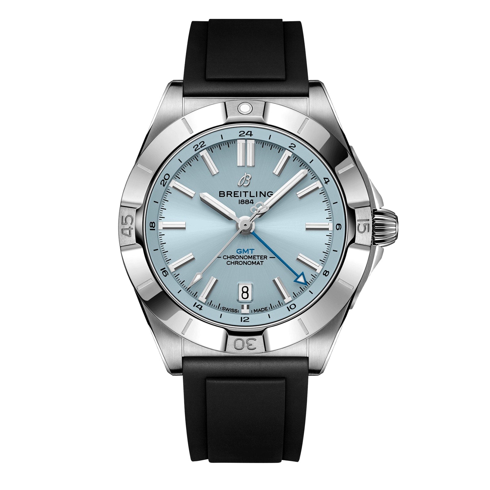 The Breitling Chronomat Automatic GMT 40 features a stainless steel case, light blue dial with silver markers, dual time zone at 6 o’clock, and a black rubber strap—an ideal modern sports watch.