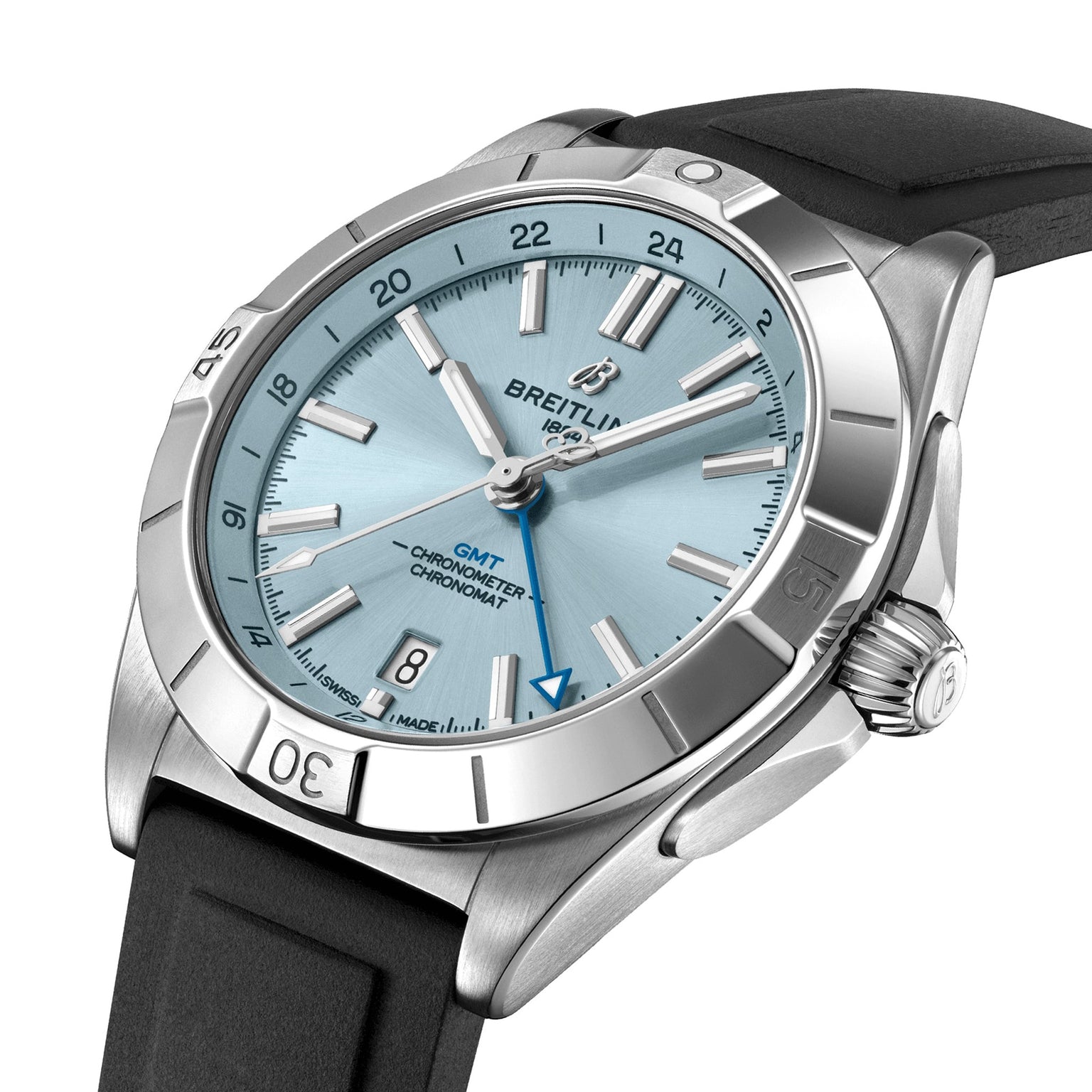 The Breitling Chronomat Automatic GMT 40 sports watch features a stainless steel case, light blue dial, dual time zone functionality, and a black rubber strap, shown at a slight angle.