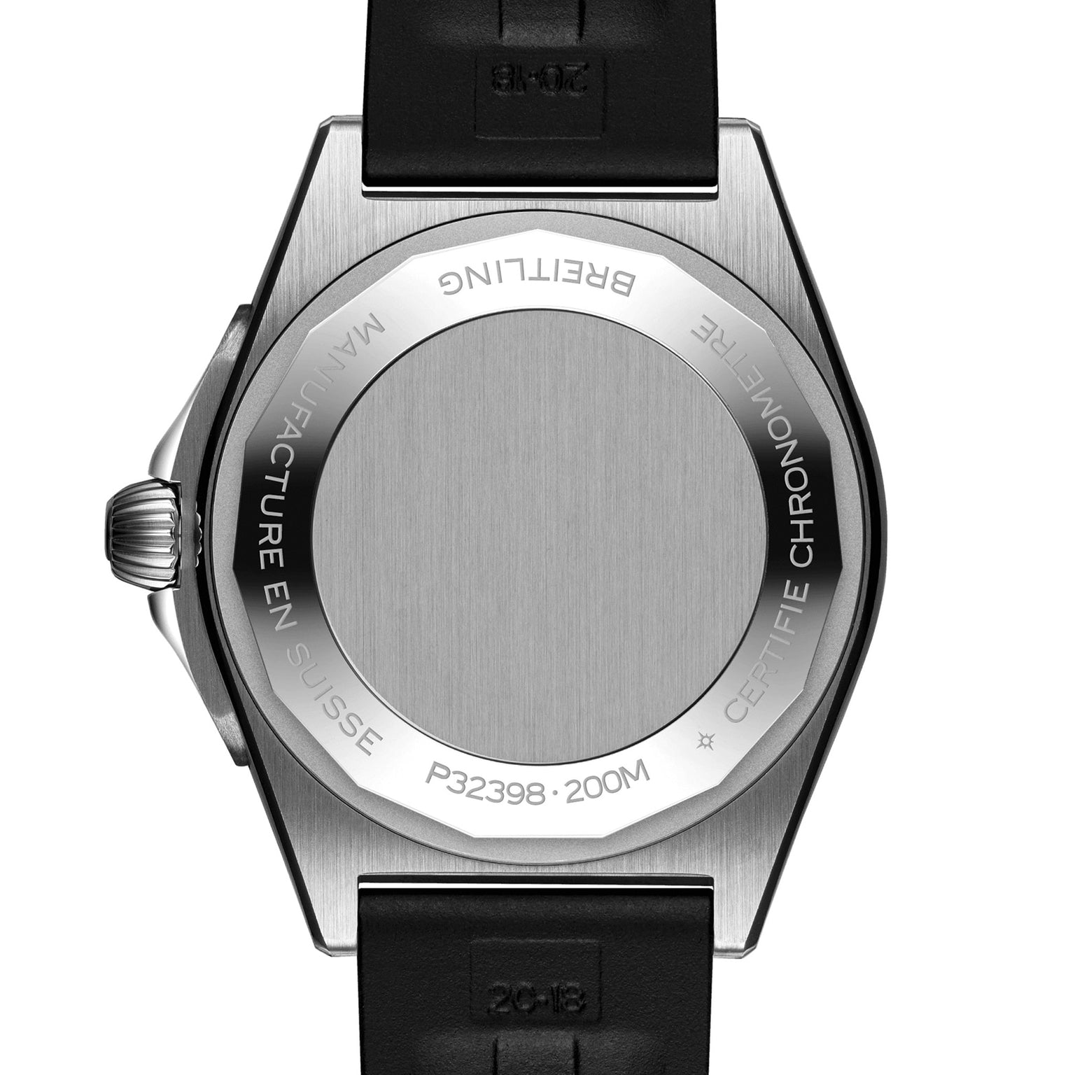 Close-up of the Breitling Chronomat Automatic GMT 40 sports watch back with black strap, showing engravings including MANUFACTURE EN SUISSE, 200M, CERTIFIE CHRONOMETRE, and the reference P32398.