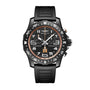 The Breitling Endurance Pro 44 IRONMAN® Finisher is a black athleisure watch with a black dial, orange accents, rubber strap, compass bezel, and a lightweight Breitlight® case.
