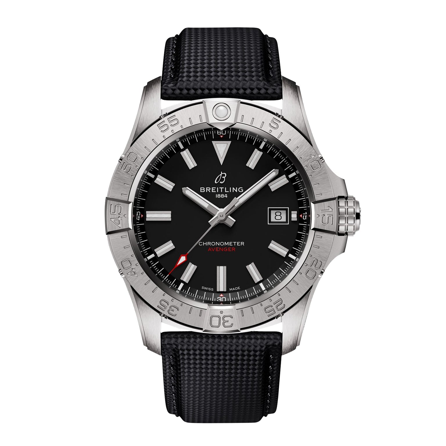 The Breitling Avenger Automatic 42 features a black dial, stainless steel case, silver bezel, date display at 3 o’clock, and a black textured strap.