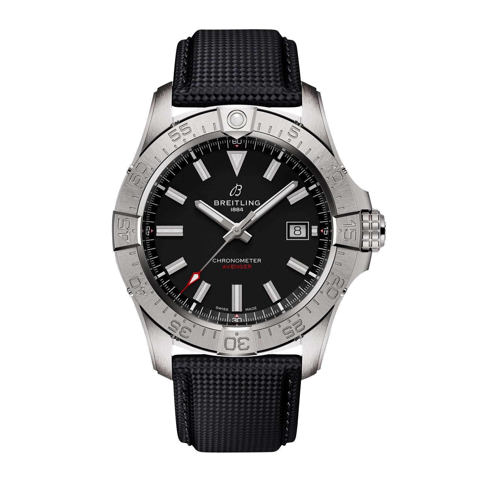 The Breitling Avenger Automatic 42 features a black dial, stainless steel case, silver bezel, date display at 3 o’clock, and a black textured strap.