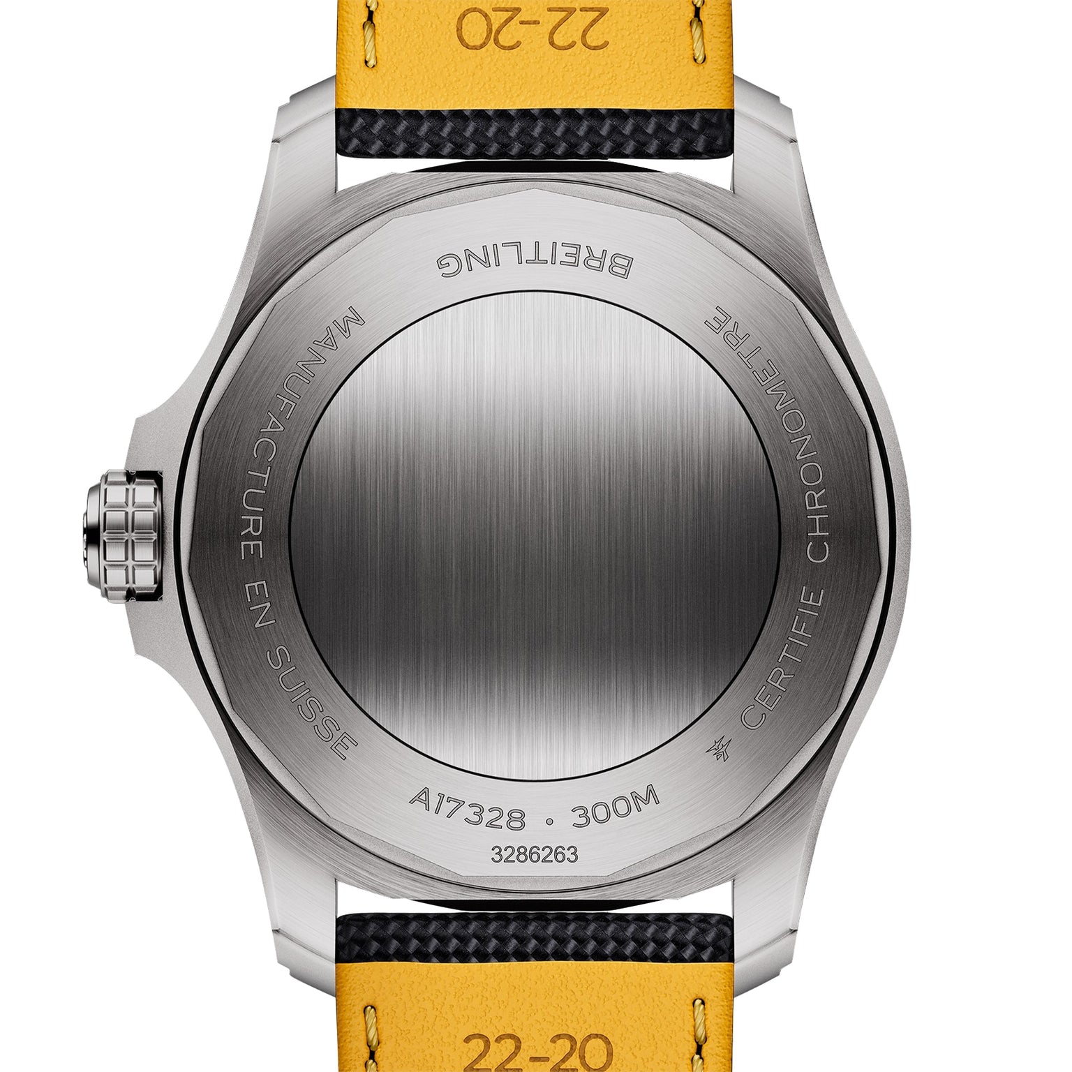 Back view of the Breitling Avenger Automatic 42 watch, showcasing a brushed stainless steel case with visible engravings and a striking yellow and black strap.