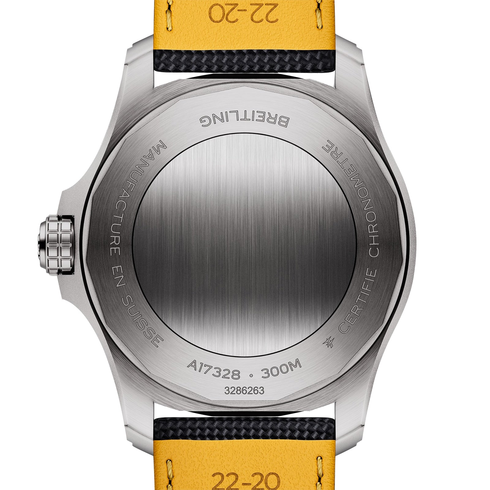 Back view of the Breitling Avenger Automatic 42 watch, showcasing a brushed stainless steel case with visible engravings and a striking yellow and black strap.