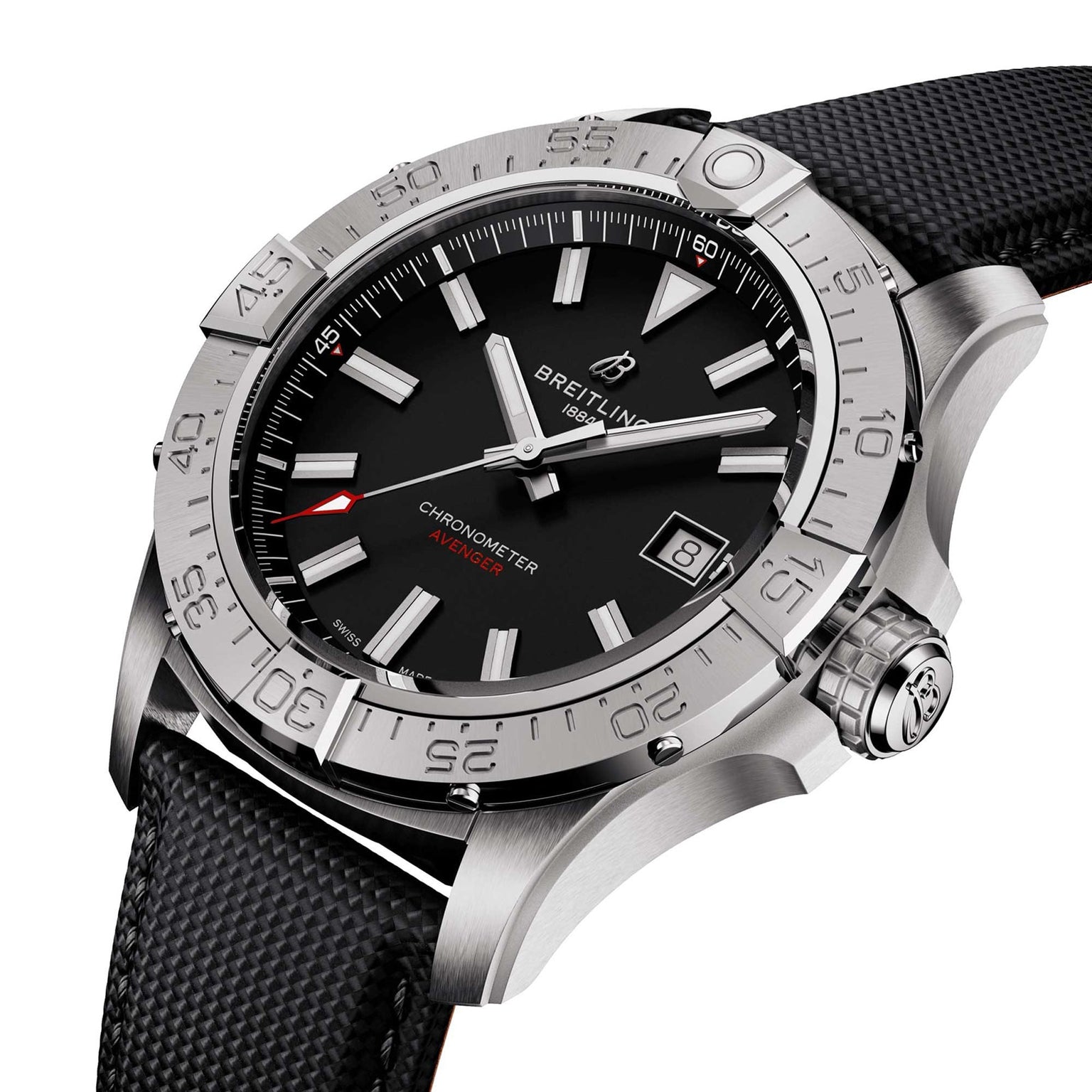The Breitling Avenger Automatic 42 features a robust stainless steel case, black dial with brand logo below 12 o’clock, date display at 3, numbered bezel, and a textured black strap.