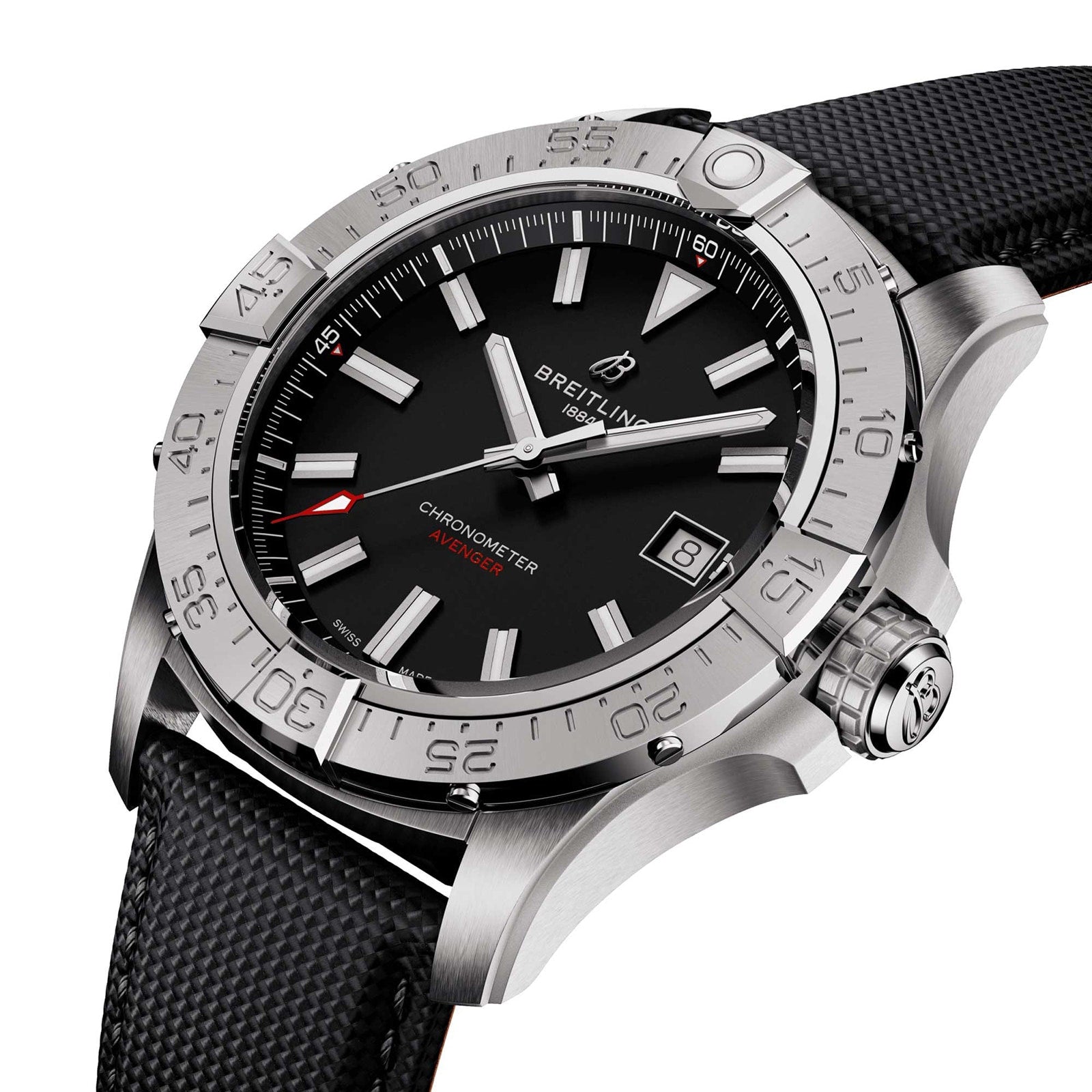 The Breitling Avenger Automatic 42 features a robust stainless steel case, black dial with brand logo below 12 o’clock, date display at 3, numbered bezel, and a textured black strap.