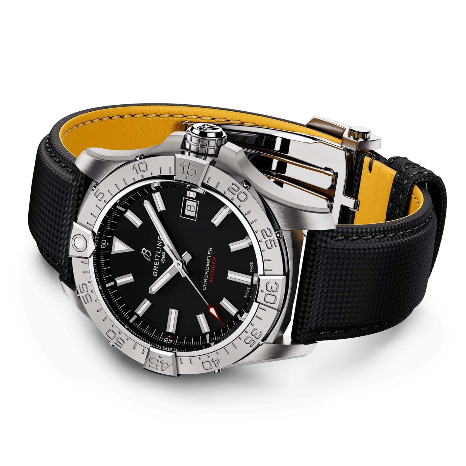 The Breitling Avenger Automatic 42 wristwatch features a stainless steel case, black dial, date display, and a black textured strap with yellow inner lining, displayed against a white background.