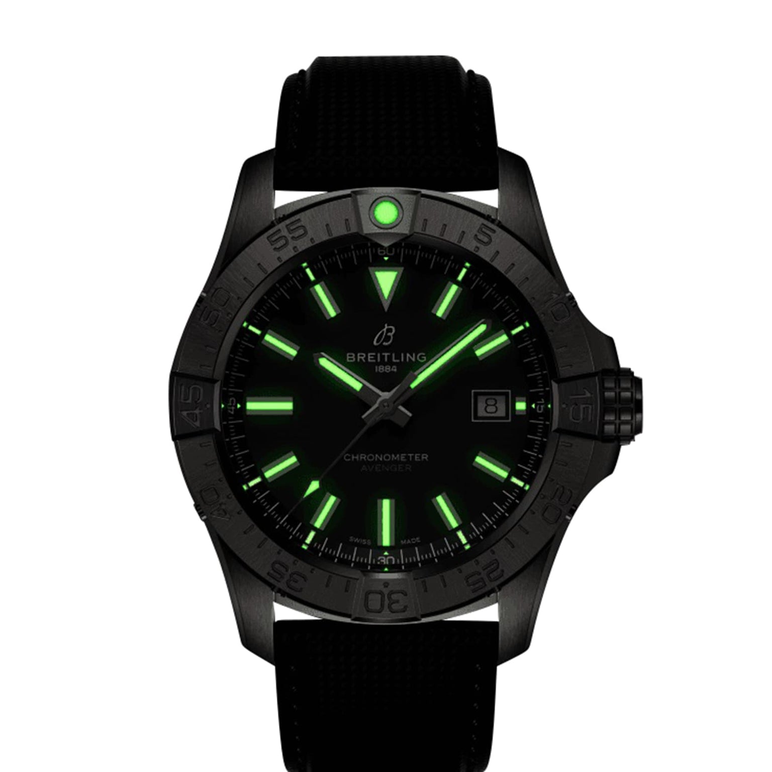 The Breitling Avenger Automatic 42 is a black wristwatch featuring glowing green hour markers and hands, paired with a black strap.