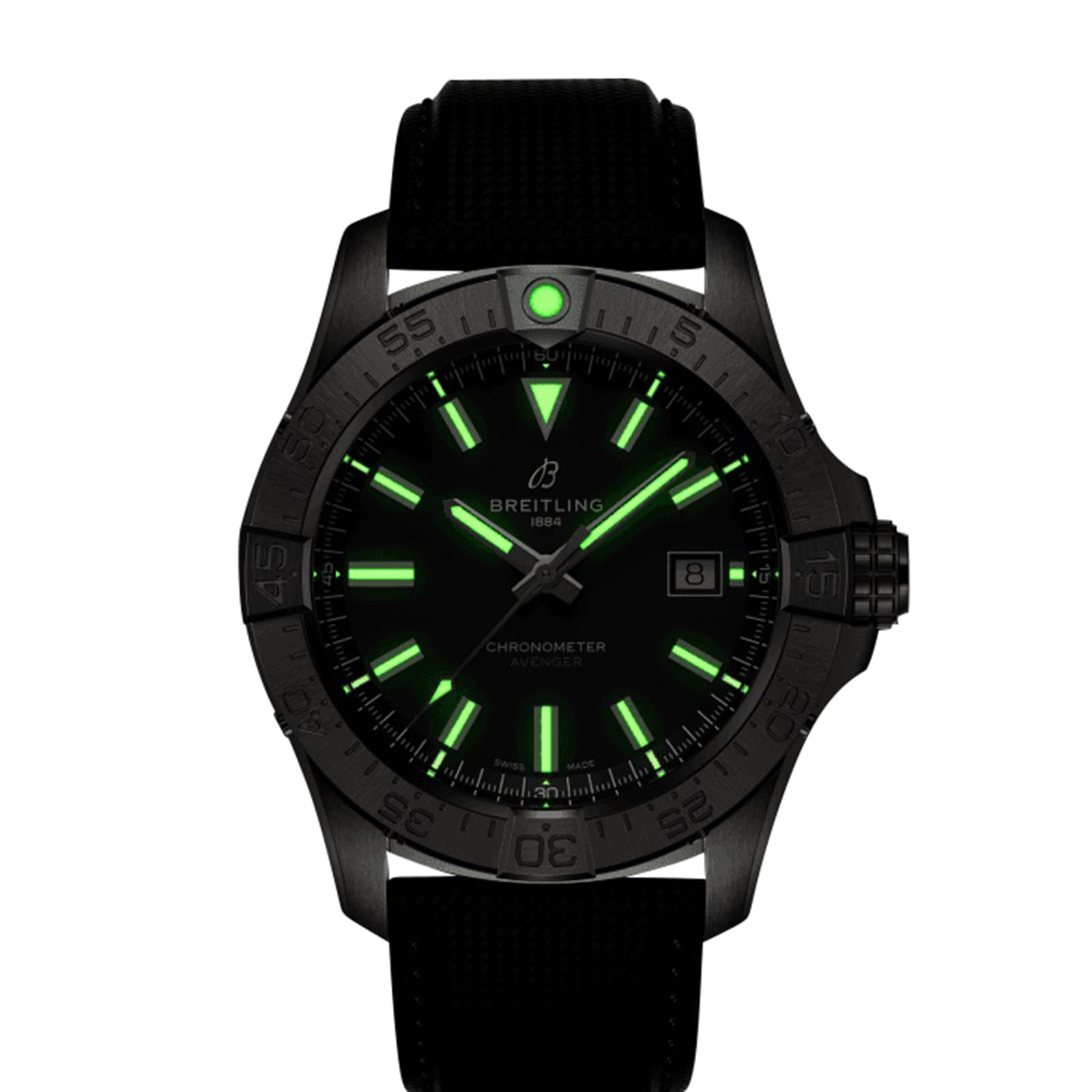 The Breitling Avenger Automatic 42 is a black wristwatch featuring glowing green hour markers and hands, paired with a black strap.