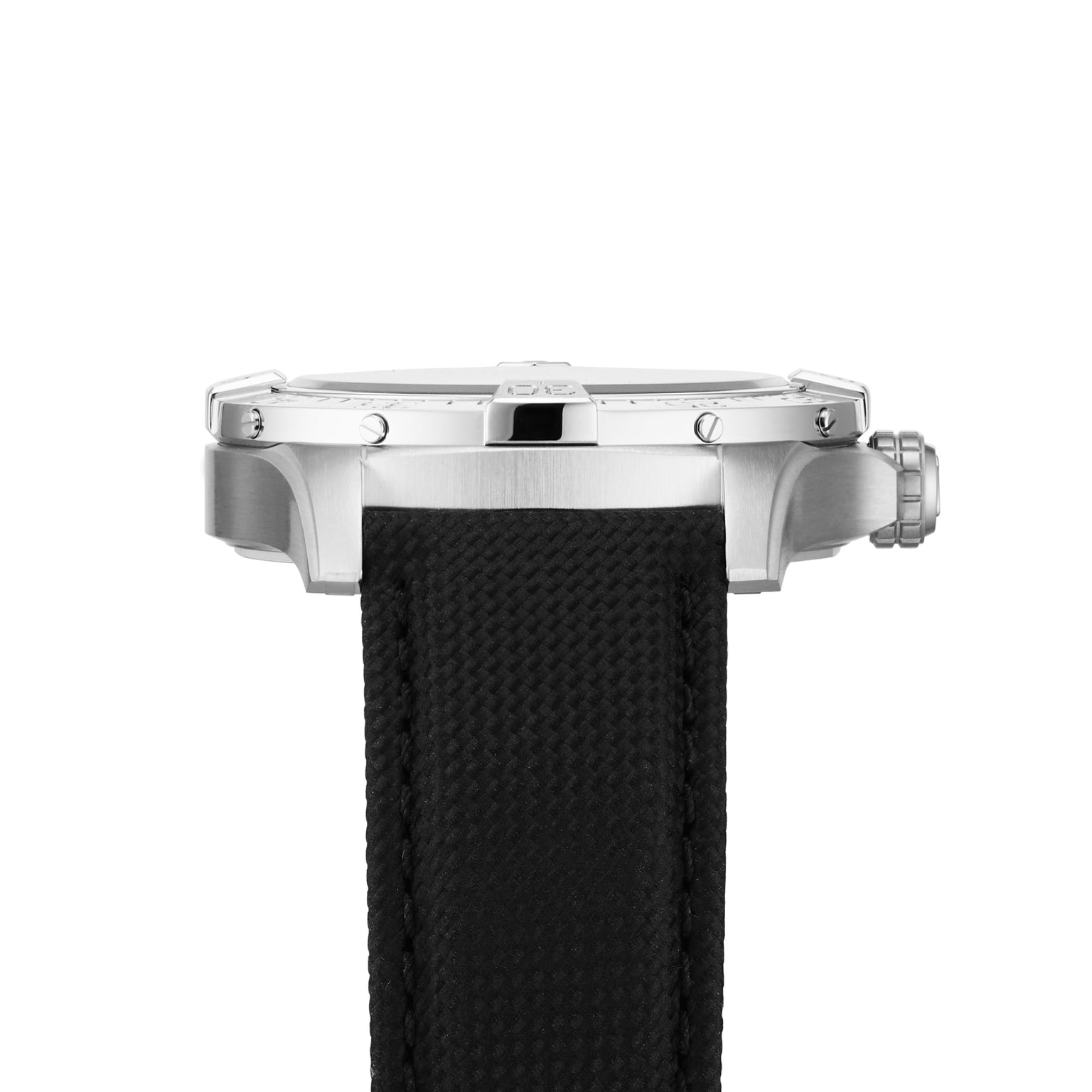 Side view of the Breitling Avenger Automatic 42, featuring a silver case and black textured strap with visible crown and detailed casing.