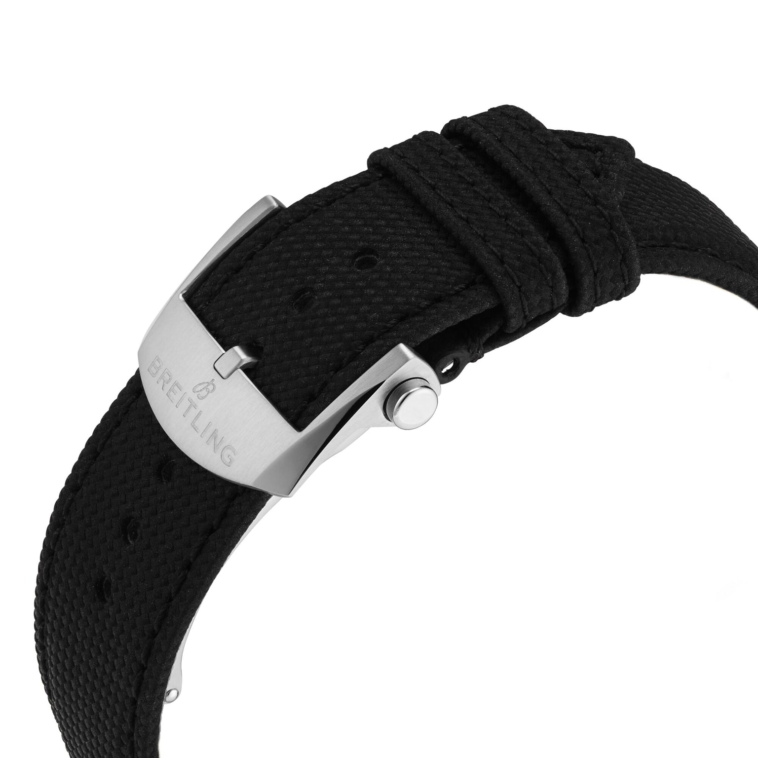 Close-up of the Breitling Avenger Automatic 42 watch strap featuring a black textured band, silver clasp with the Breitling logo, and paired with a stainless steel case.