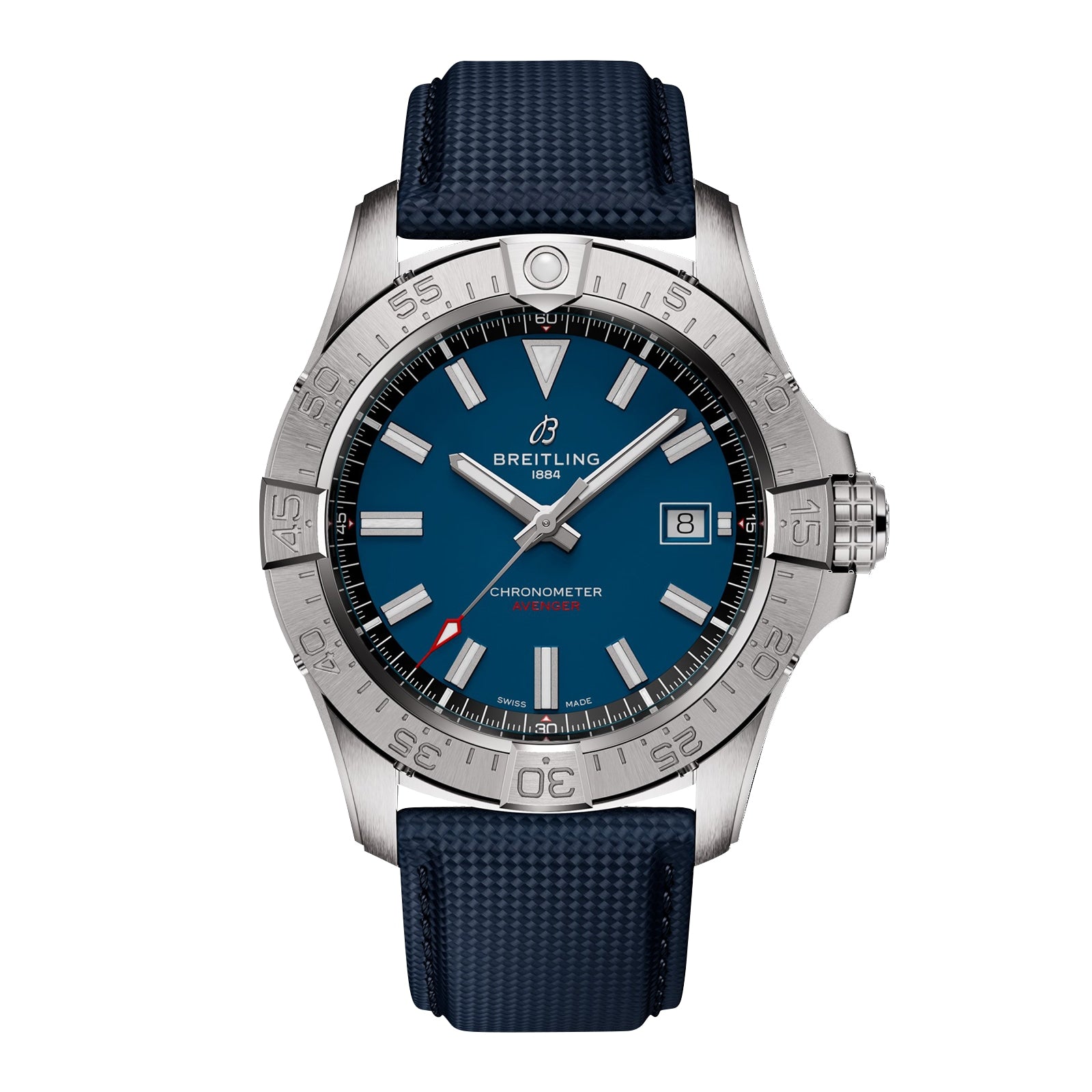 The Breitling Avenger Automatic 42 features a blue dial, silver bezel, date display at 3 o’clock, textured blue strap, and is powered by the Breitling 17 calibre movement.