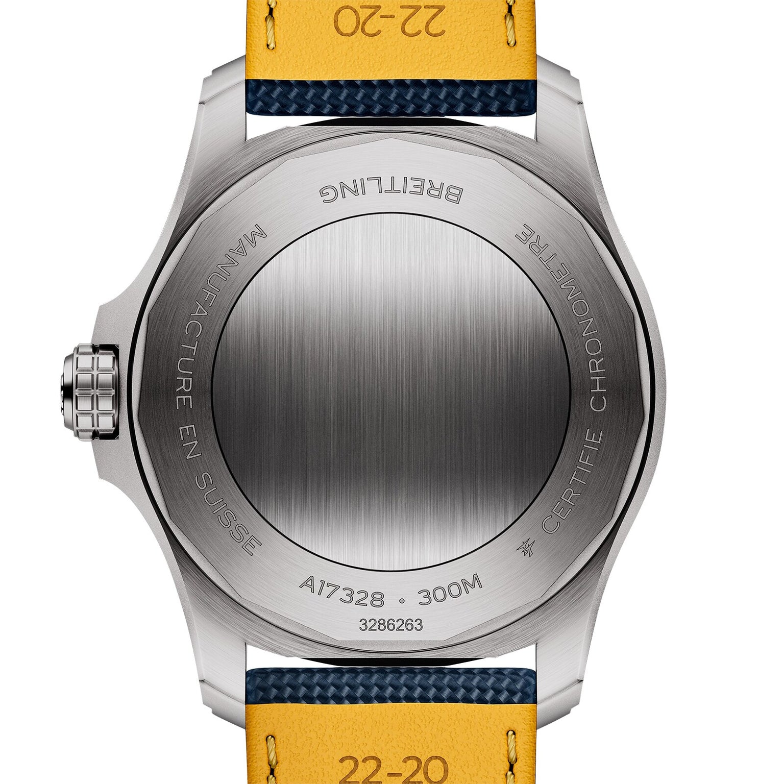 The back of a Breitling Avenger Automatic 42 wristwatch shows the A17328 model, 42mm stainless steel case, 300m water resistance, Swiss-made details, and a blue and yellow strap marked 22-20.