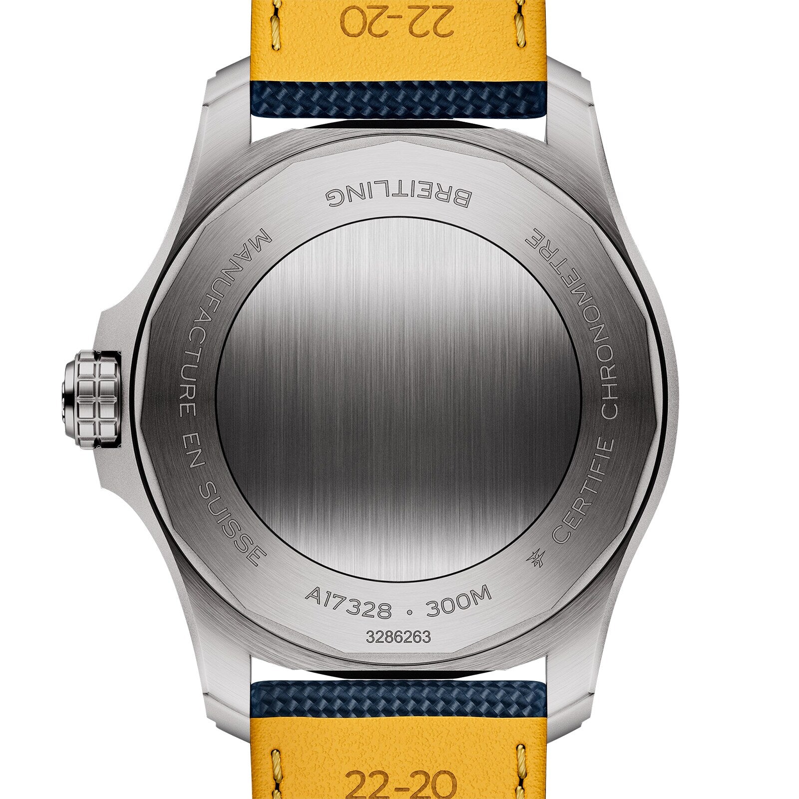 The back of a Breitling Avenger Automatic 42 wristwatch shows the A17328 model, 42mm stainless steel case, 300m water resistance, Swiss-made details, and a blue and yellow strap marked 22-20.