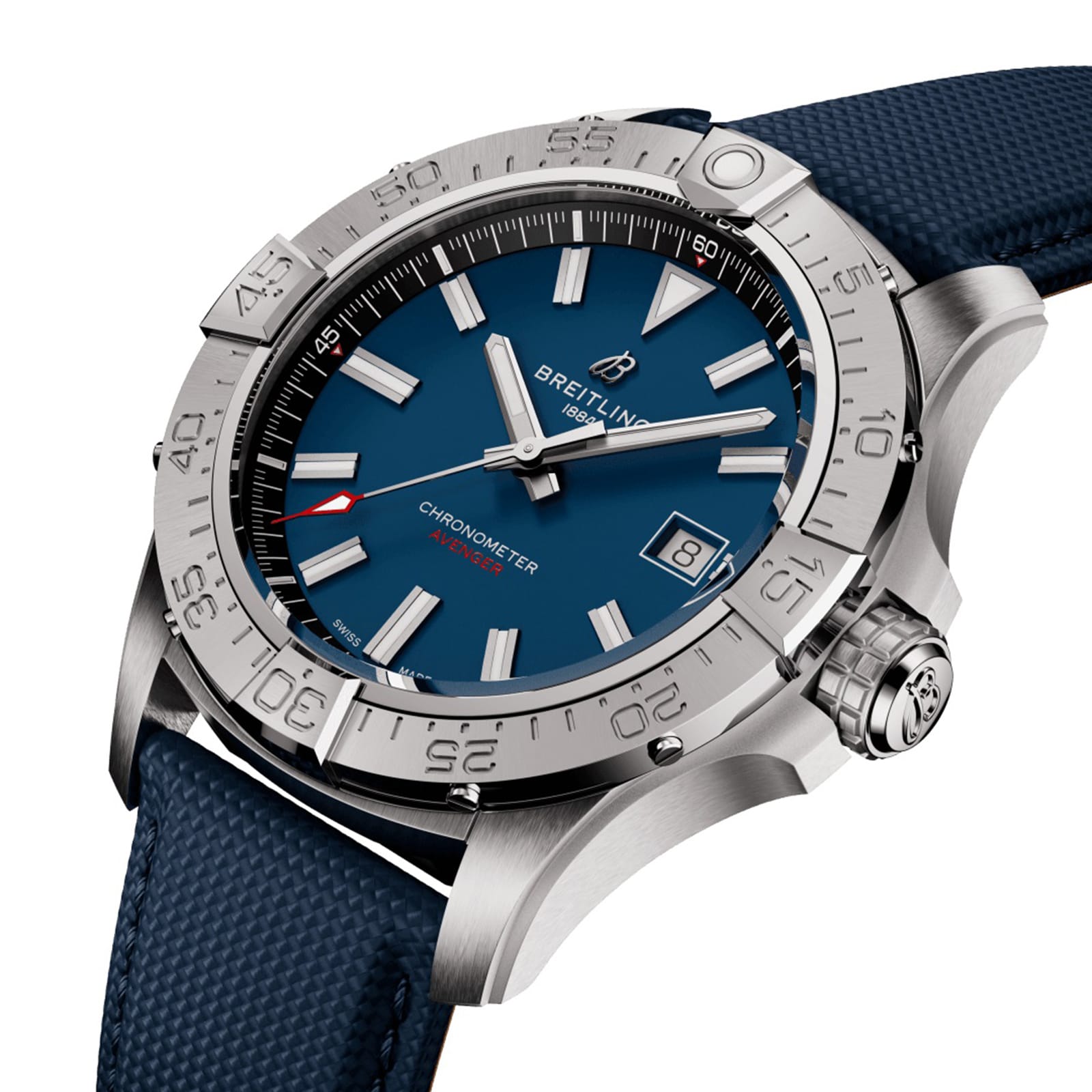 The Breitling Avenger Automatic 42 wristwatch is shown at an angle, featuring a blue dial, silver indices, date display, textured blue strap, 42mm stainless steel case, and reliable Breitling 17 calibre movement.