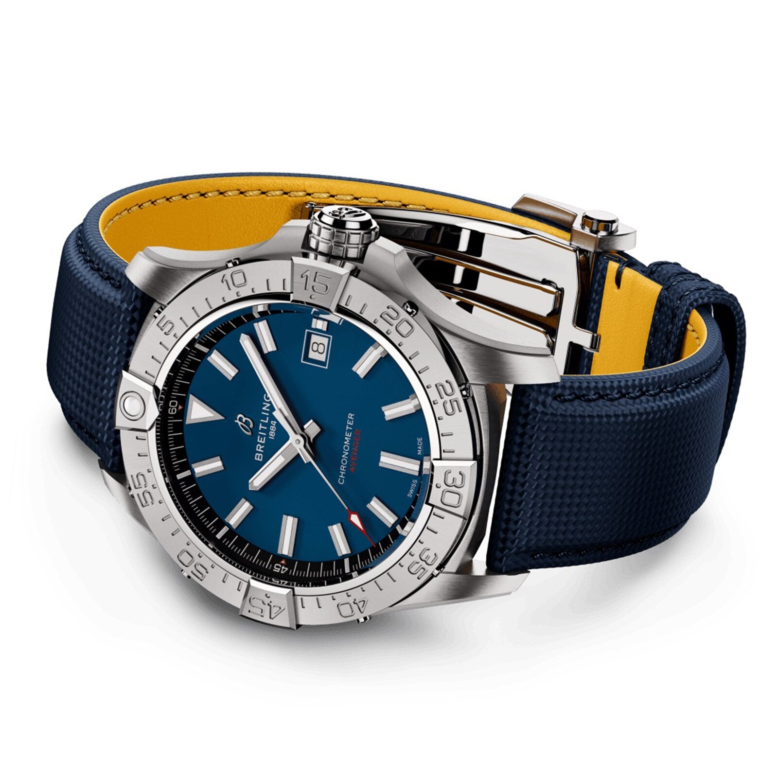 The Breitling Avenger Automatic 42 features a 42mm stainless steel case, blue dial with date display, and a blue textured strap with yellow lining, shown against a white background.