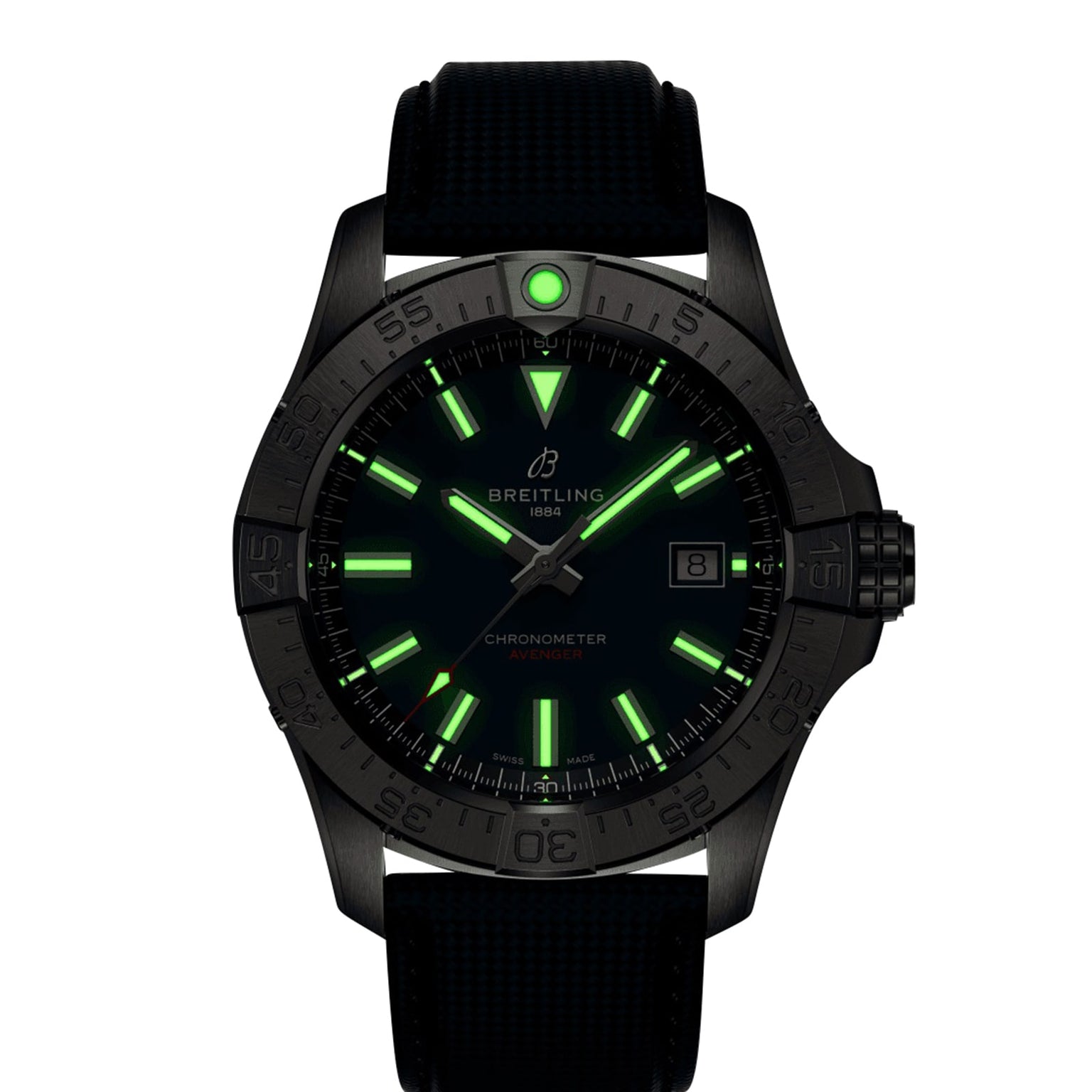 The Breitling Avenger Automatic 42 features a 42mm stainless steel case, black bezel and band, luminous green markers and hands, date display at 3 o’clock, and reliable Breitling 17 calibre movement.