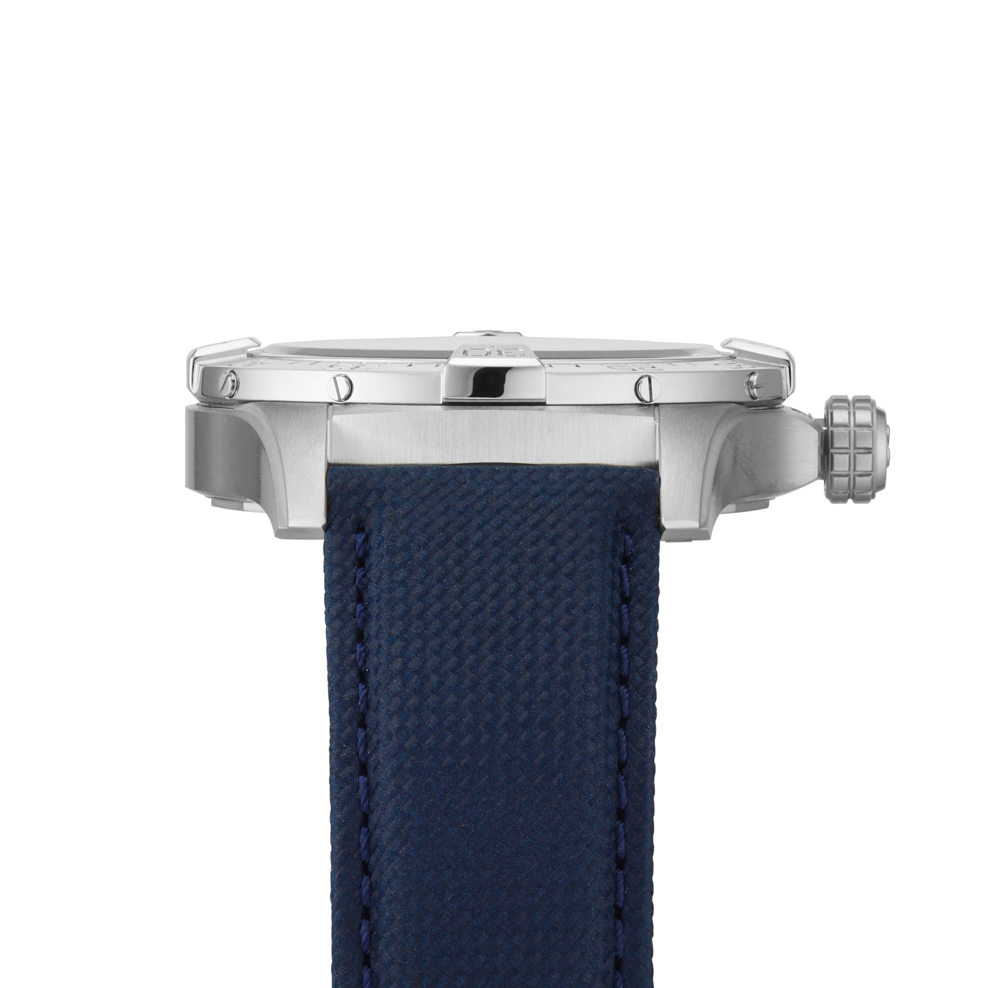 Side view of the Breitling Avenger Automatic 42, showcasing its 42mm stainless steel case, ridged crown, textured blue strap, and Breitling 17 calibre movement against a plain white background.
