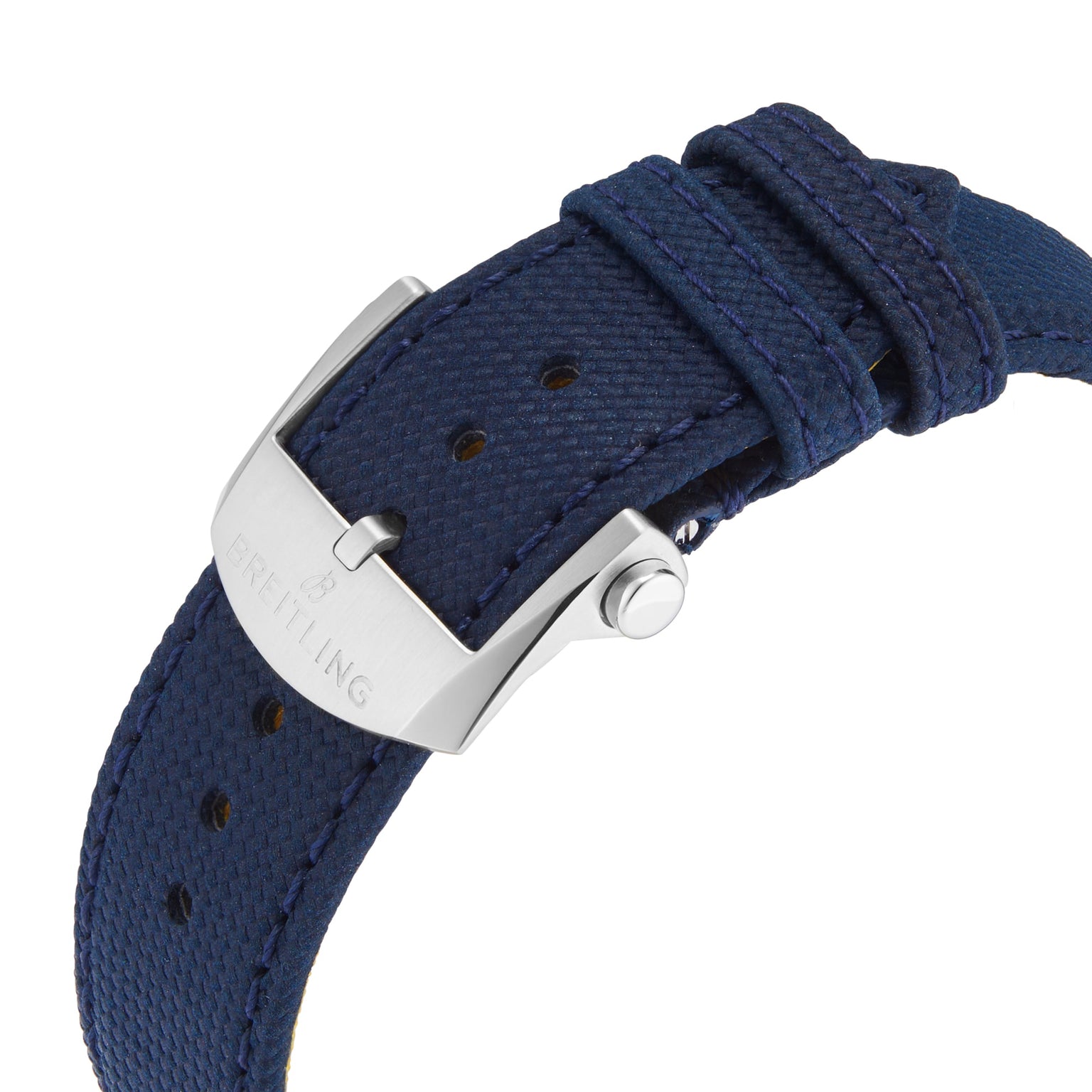 Close-up of a blue textured watch strap with a silver buckle engraved BREITLING, crafted to complement the robust 42mm stainless steel case of the Breitling Avenger Automatic 42.