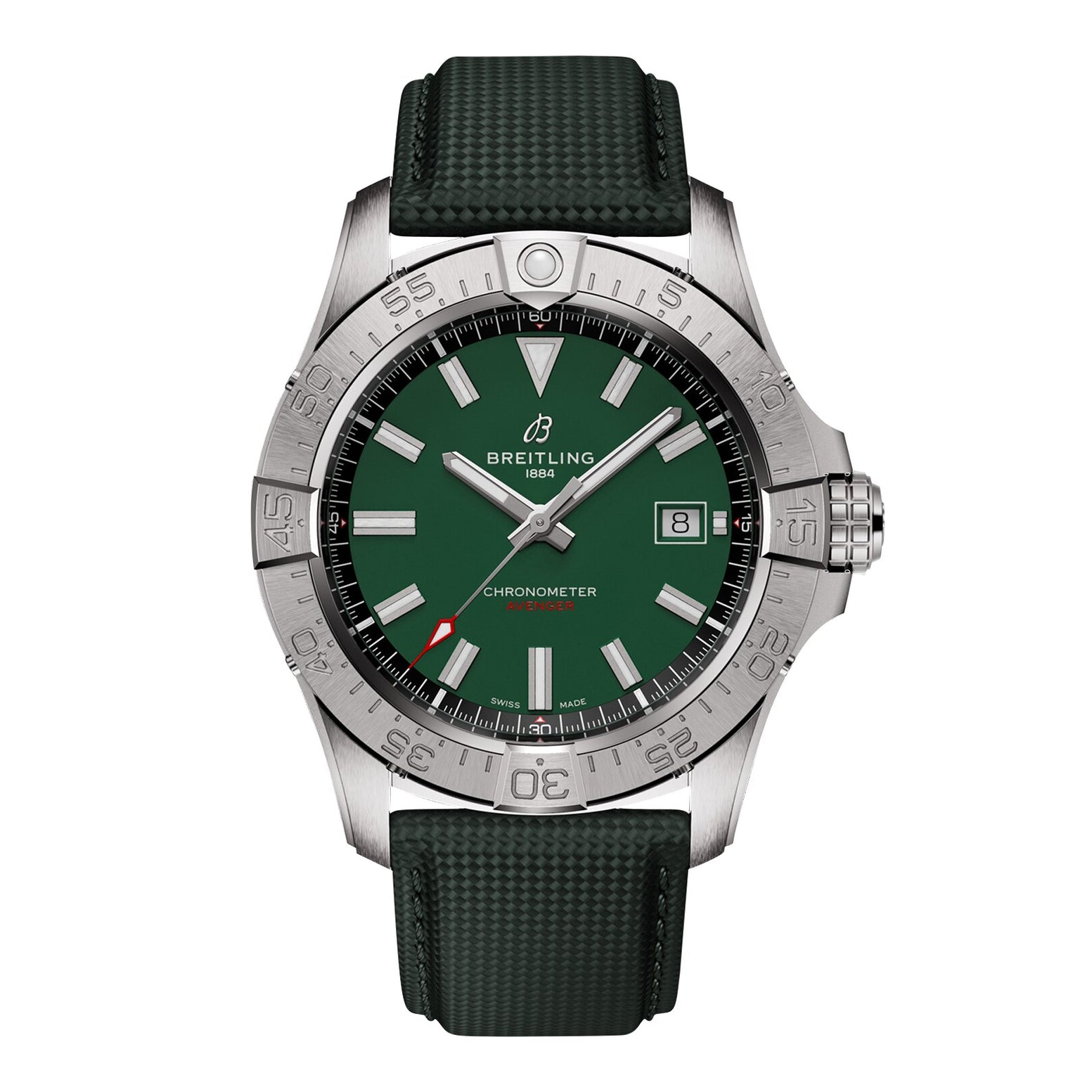 The Breitling Avenger Automatic 42 features a green dial, silver bezel, date at 3 o’clock, silver hands and hour markers with white accents, and a green textured strap. It’s powered by a self-winding mechanical movement.