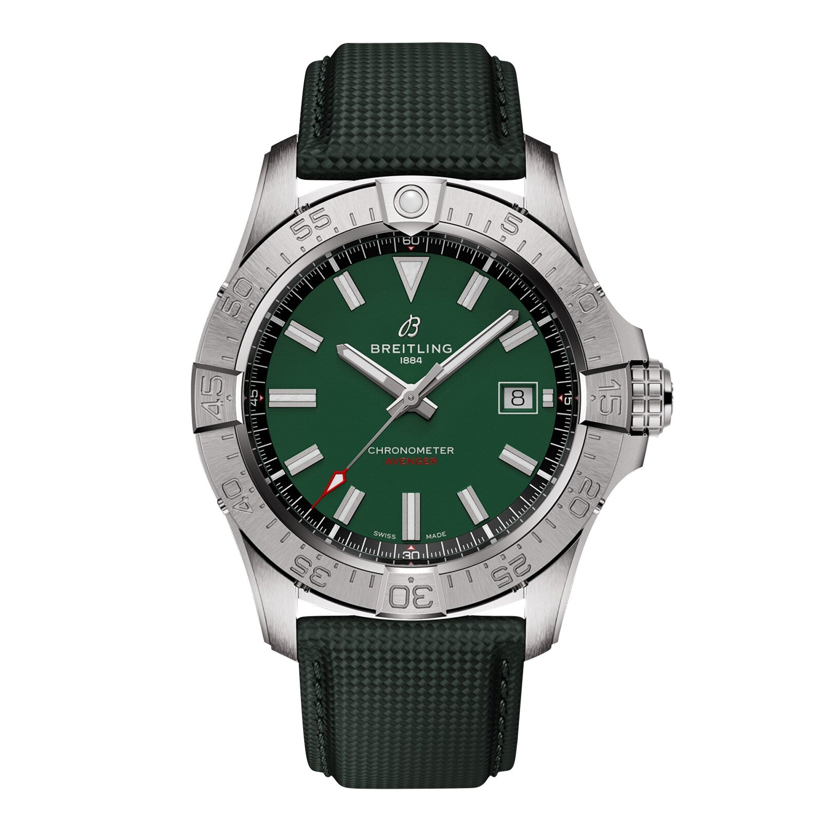 The Breitling Avenger Automatic 42 features a green dial, silver bezel, date at 3 o’clock, silver hands and hour markers with white accents, and a green textured strap. It’s powered by a self-winding mechanical movement.