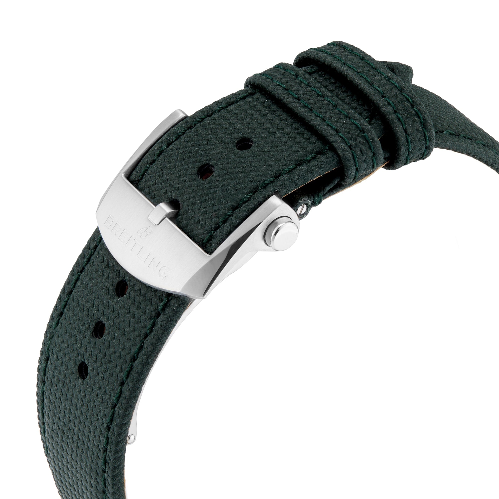 Close-up of a dark green military leather strap with a silver buckle engraved with BREITLING, designed for the Breitling Avenger Automatic 42.