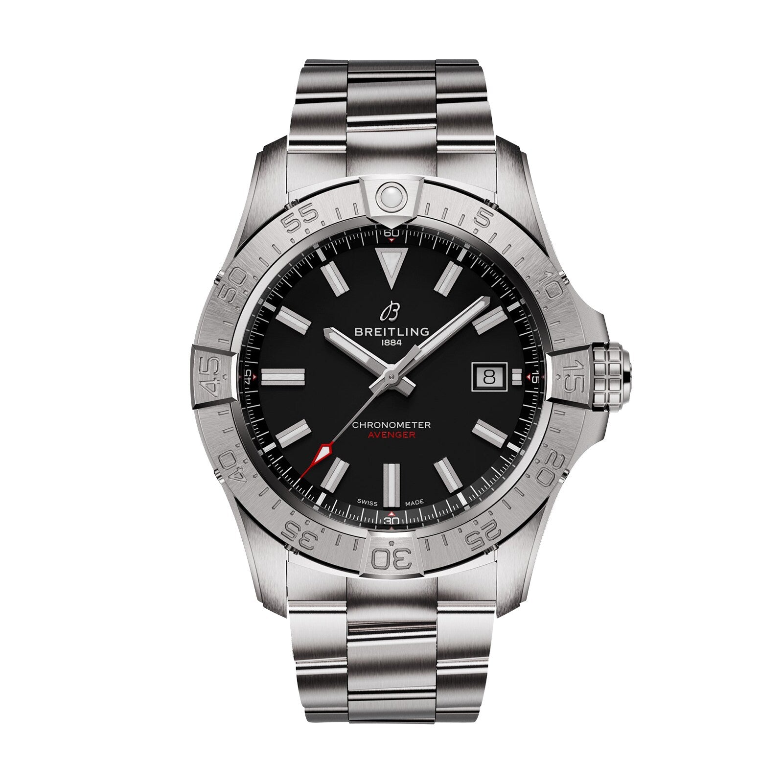 The Breitling Avenger Automatic 42 is a stainless steel watch with a military-style black dial, silver hour markers, date at 3 o’clock, and a metal bracelet. Powered by the precise Breitling 17 calibre movement.