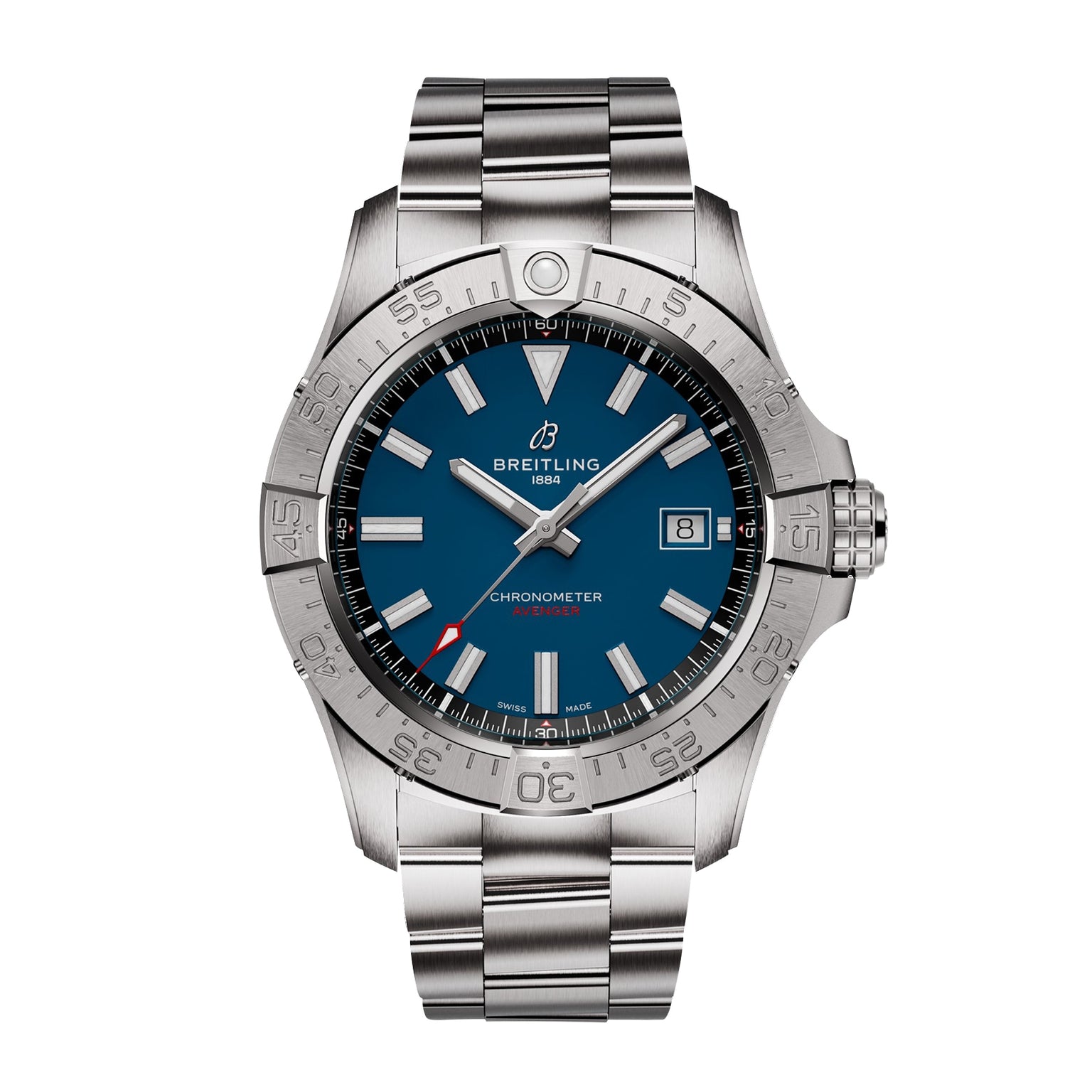 The Breitling Avenger Automatic 42 is a stainless steel chronometer wristwatch with a blue dial, date display at 3 o’clock, and silver metal link bracelet, featuring a military-inspired design and shown against a white background.
