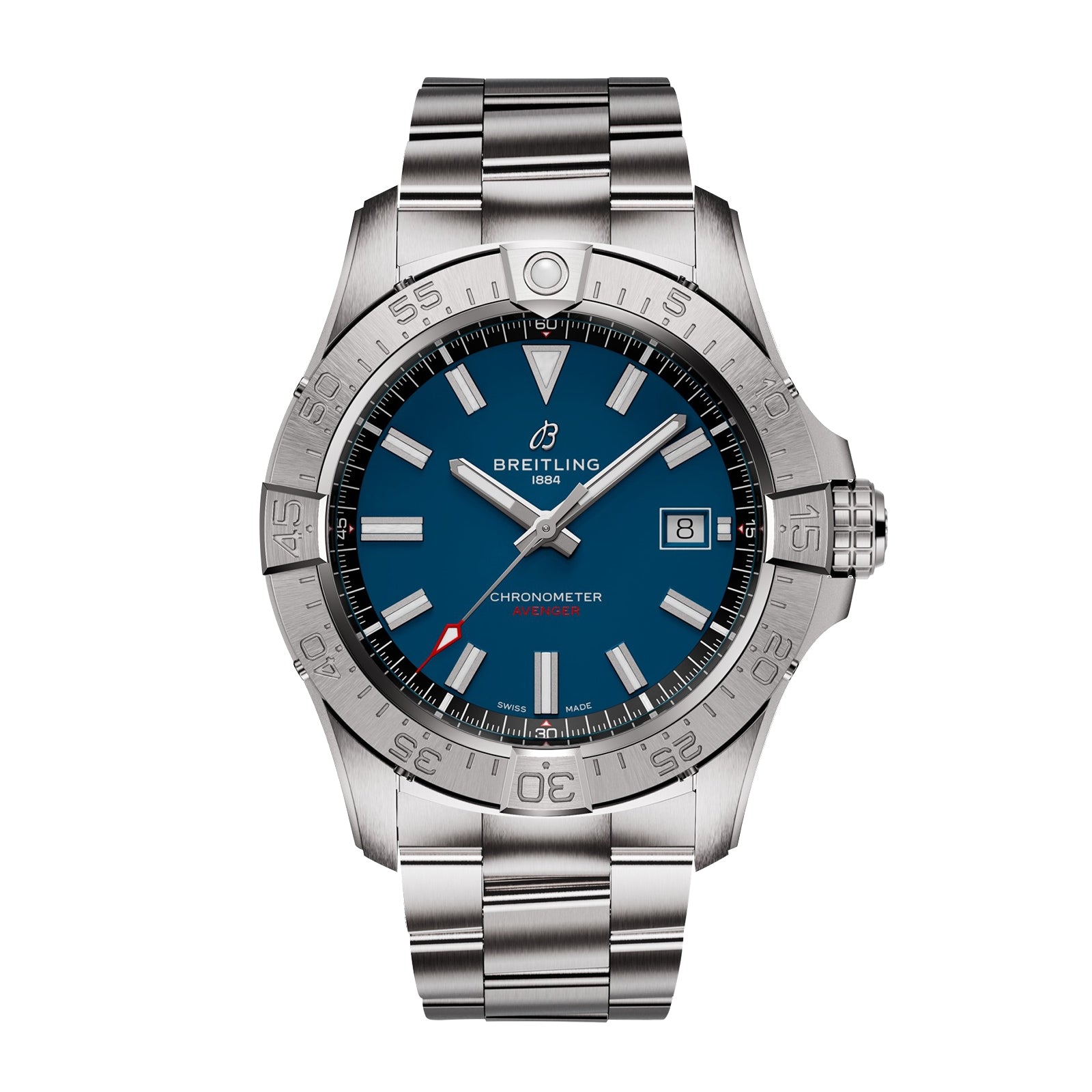 The Breitling Avenger Automatic 42 is a stainless steel chronometer wristwatch with a blue dial, date display at 3 o’clock, and silver metal link bracelet, featuring a military-inspired design and shown against a white background.