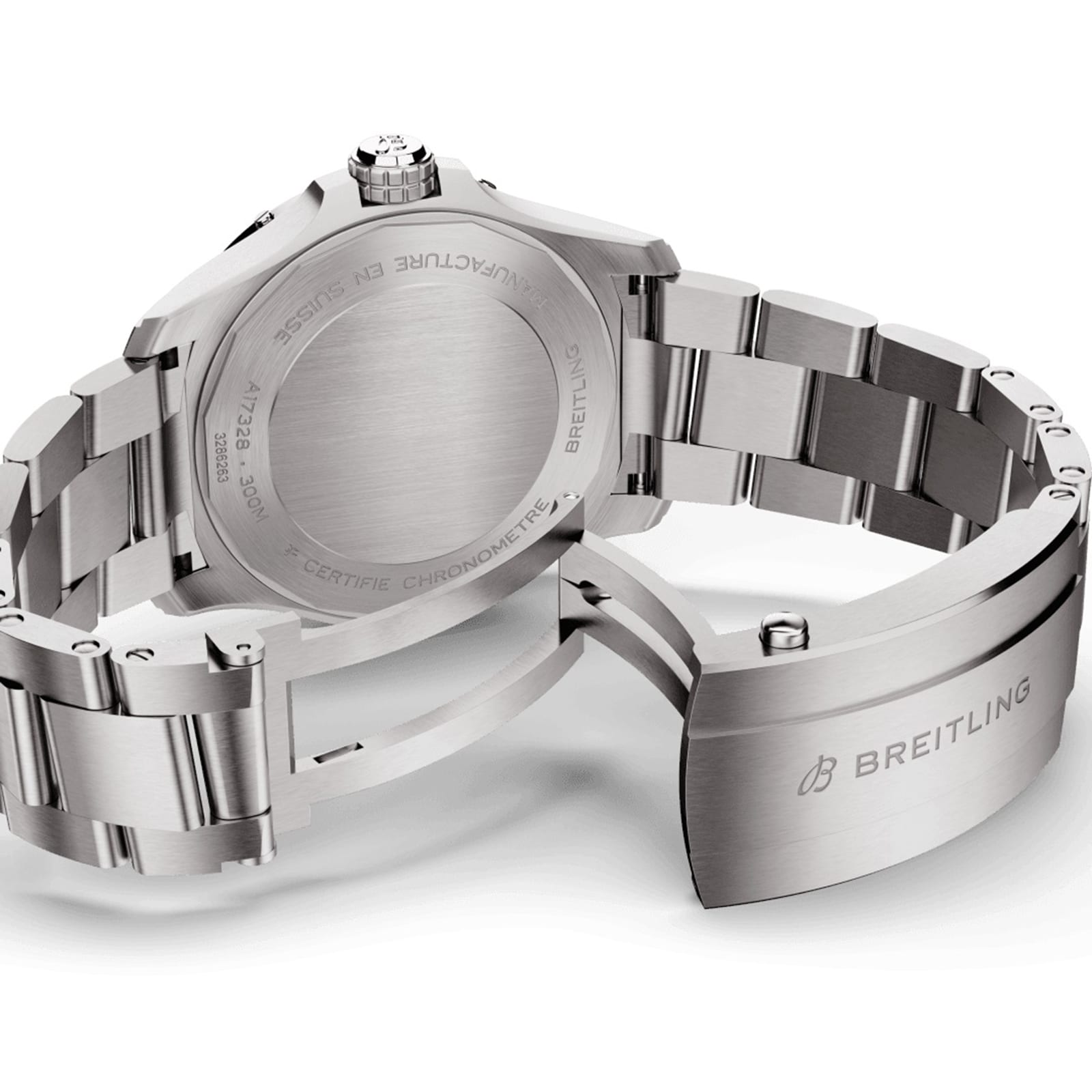 A close-up of the back and open clasp of the Breitling Avenger Automatic 42 shows engraved details and branding, emphasizing the military-inspired design of this stainless steel wristwatch.