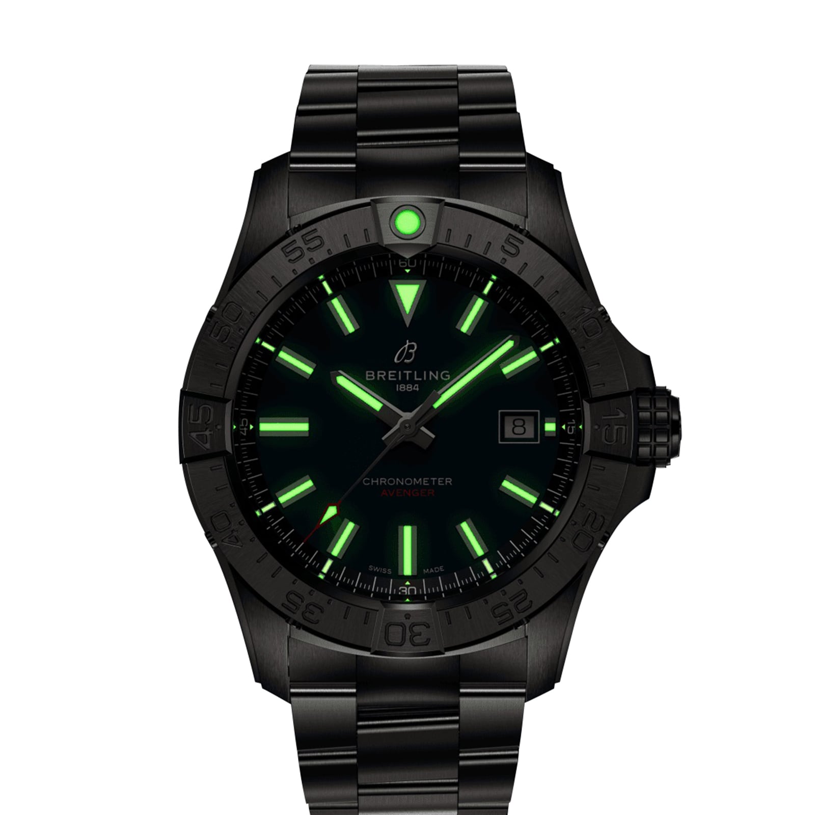 The Breitling Avenger Automatic 42 wristwatch features a black dial, metal band, military-inspired style, green luminescent markers and hands, and a date window at 3 o’clock, displayed against a white background.