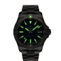 The Breitling Avenger Automatic 42 wristwatch features a black dial, metal band, military-inspired style, green luminescent markers and hands, and a date window at 3 o’clock, displayed against a white background.