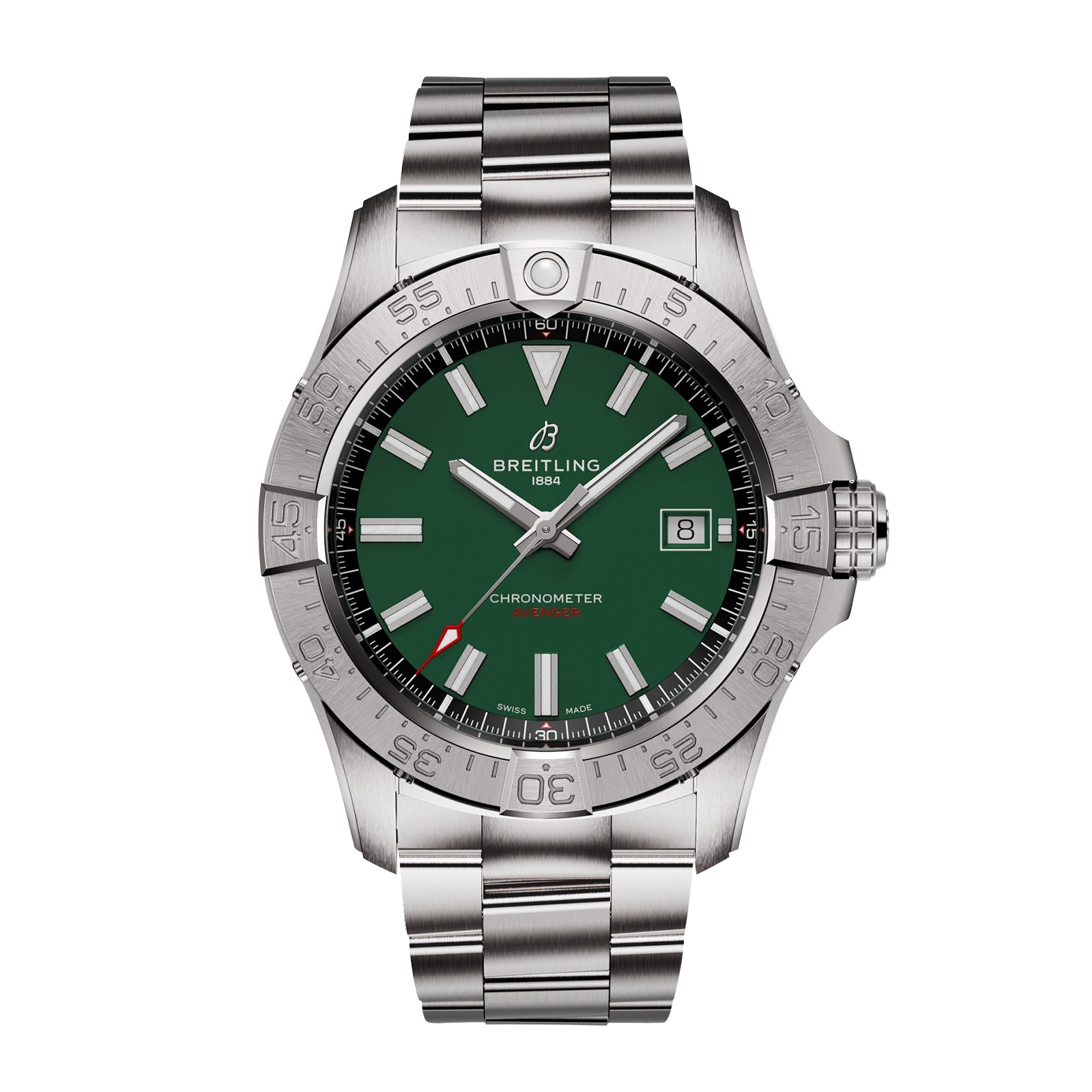The Breitling Avenger Automatic 42 watch features a stainless steel case, military green dial with silver hour markers, and a date window at 3 o’clock. Shown on a white background, this water-resistant timepiece blends style and durability.