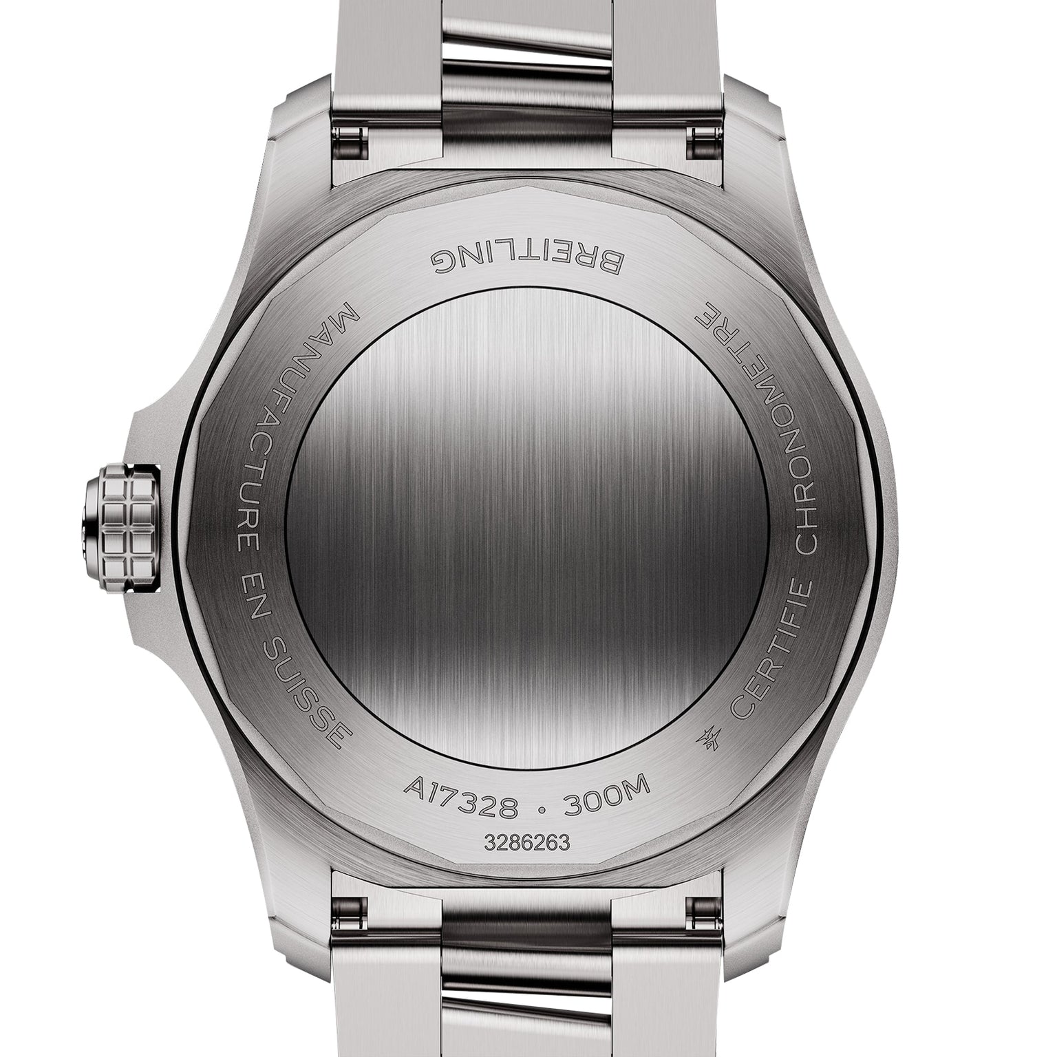 Back of a stainless steel Breitling Avenger Automatic 42 wristwatch with engravings: model A17328, water resistance 300M, and Manufacture en Suisse. Features a bold military green dial.