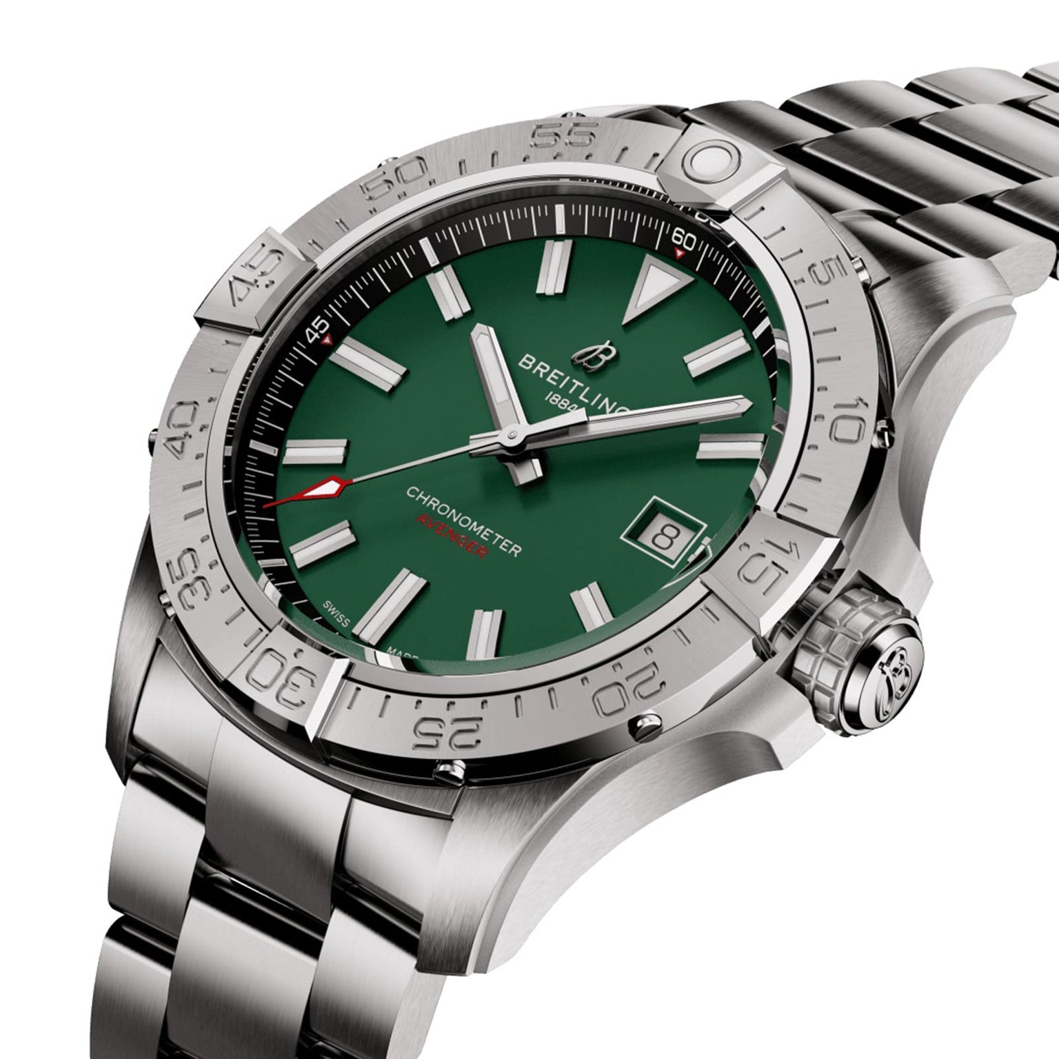 The Breitling Avenger Automatic 42 is a stainless steel watch featuring a military green dial, silver hour markers, date at 3 o’clock, and a water-resistant metal link bracelet.