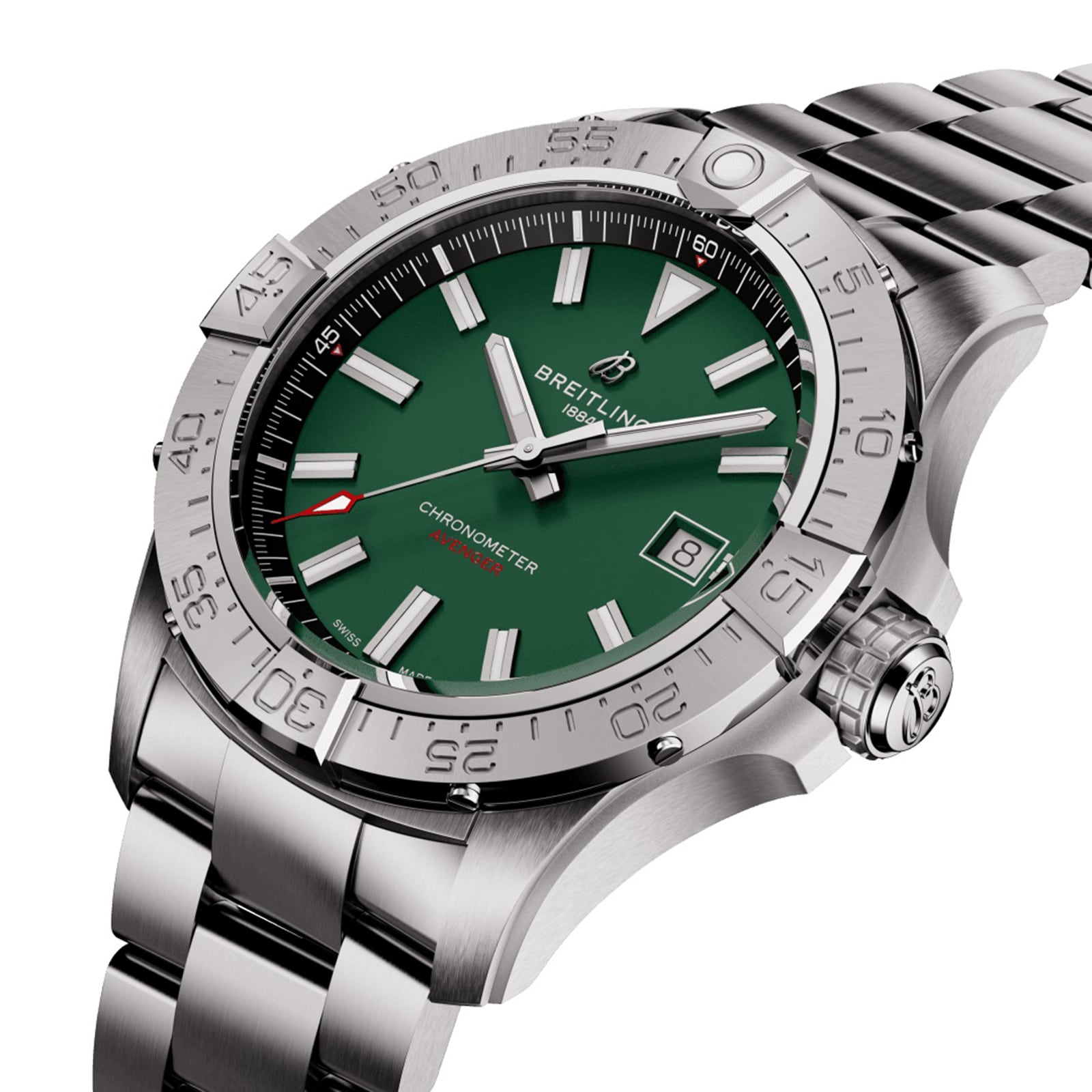 The Breitling Avenger Automatic 42 is a stainless steel watch featuring a military green dial, silver hour markers, date at 3 o’clock, and a water-resistant metal link bracelet.