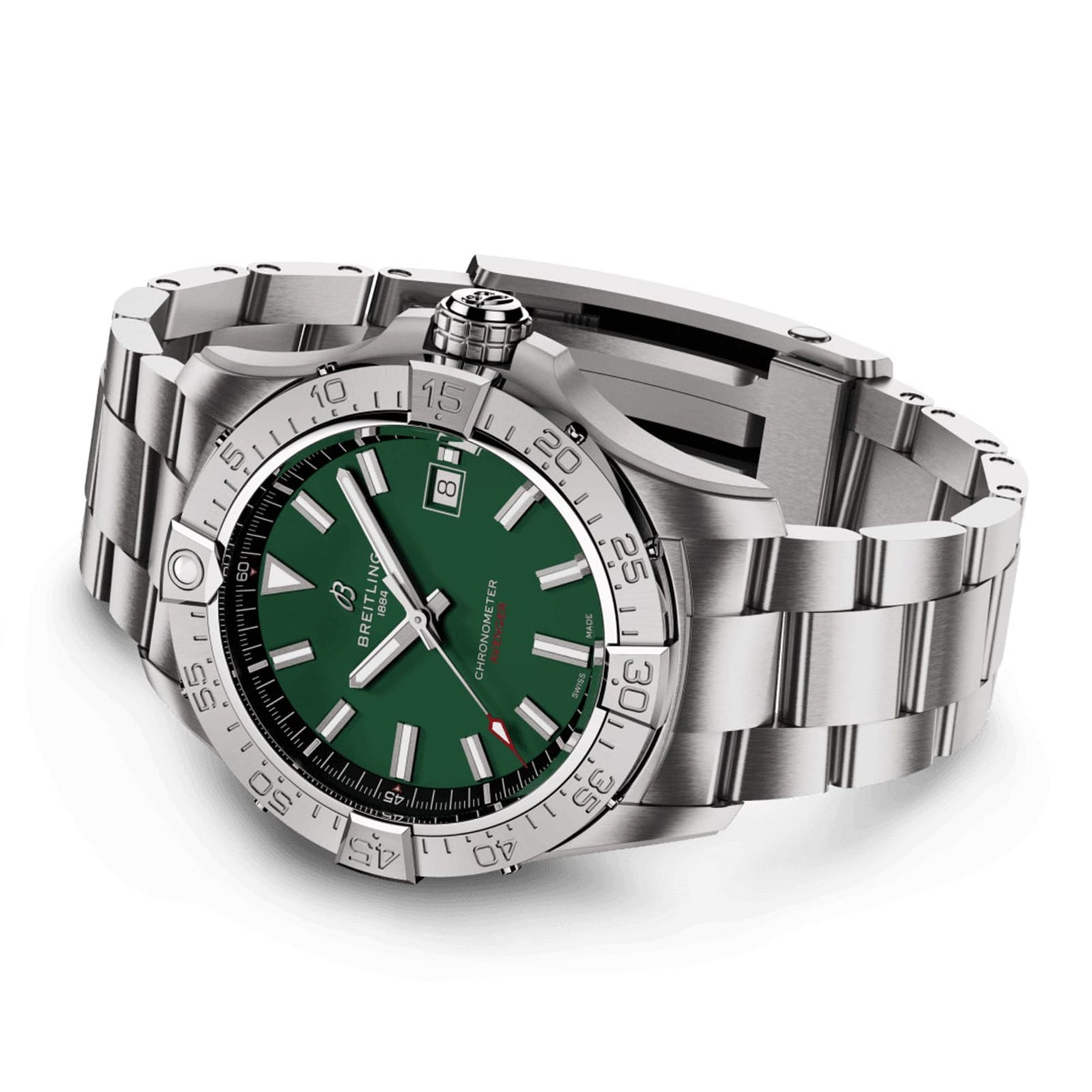 A Breitling Avenger Automatic 42 stainless steel wristwatch with a military green dial, silver hour markers, date display, and metal link bracelet is displayed at an angle.