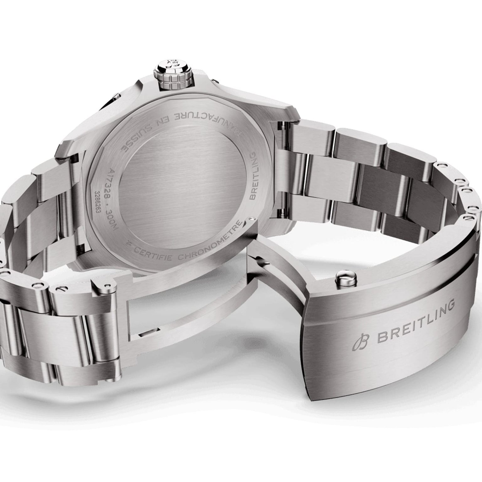 Close-up of the back of the Breitling Avenger Automatic 42, showcasing its stainless steel case, open bracelet, and detailed engravings that emphasize the robust craftsmanship and water resistance of this luxury watch.