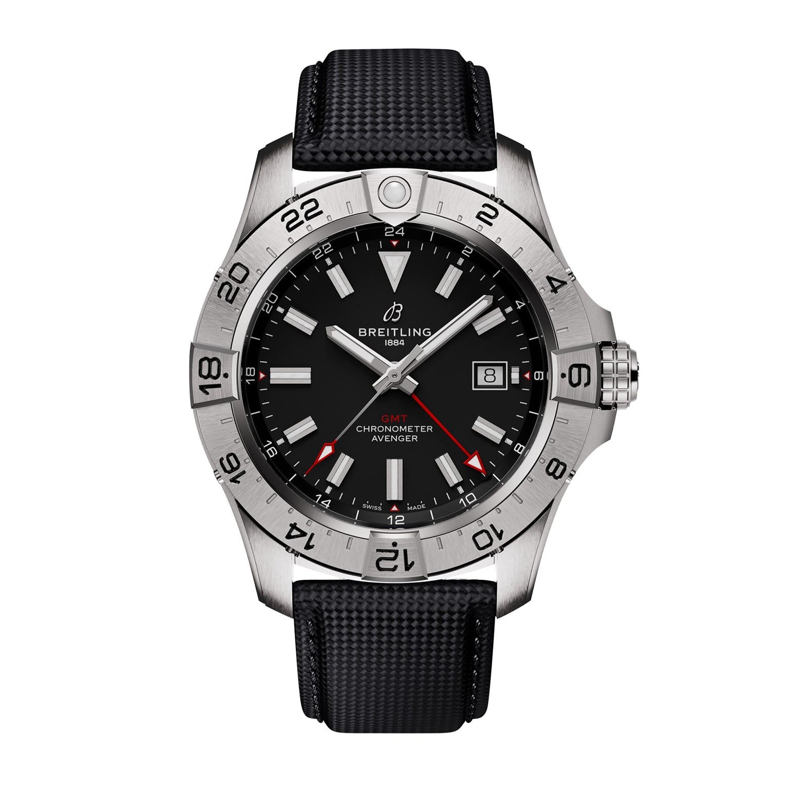 The Breitling Avenger Automatic GMT 44 features a black dial, silver bezel, date at 3 o’clock, red GMT hand, and is powered by the Breitling 32 calibre with a durable military-grade leather strap.