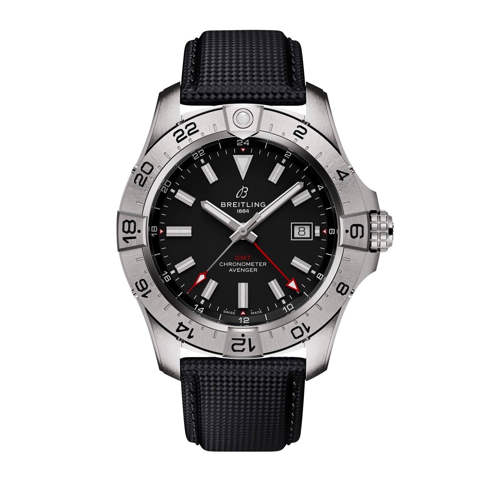 The Breitling Avenger Automatic GMT 44 features a black dial, silver bezel, date at 3 o’clock, red GMT hand, and is powered by the Breitling 32 calibre with a durable military-grade leather strap.