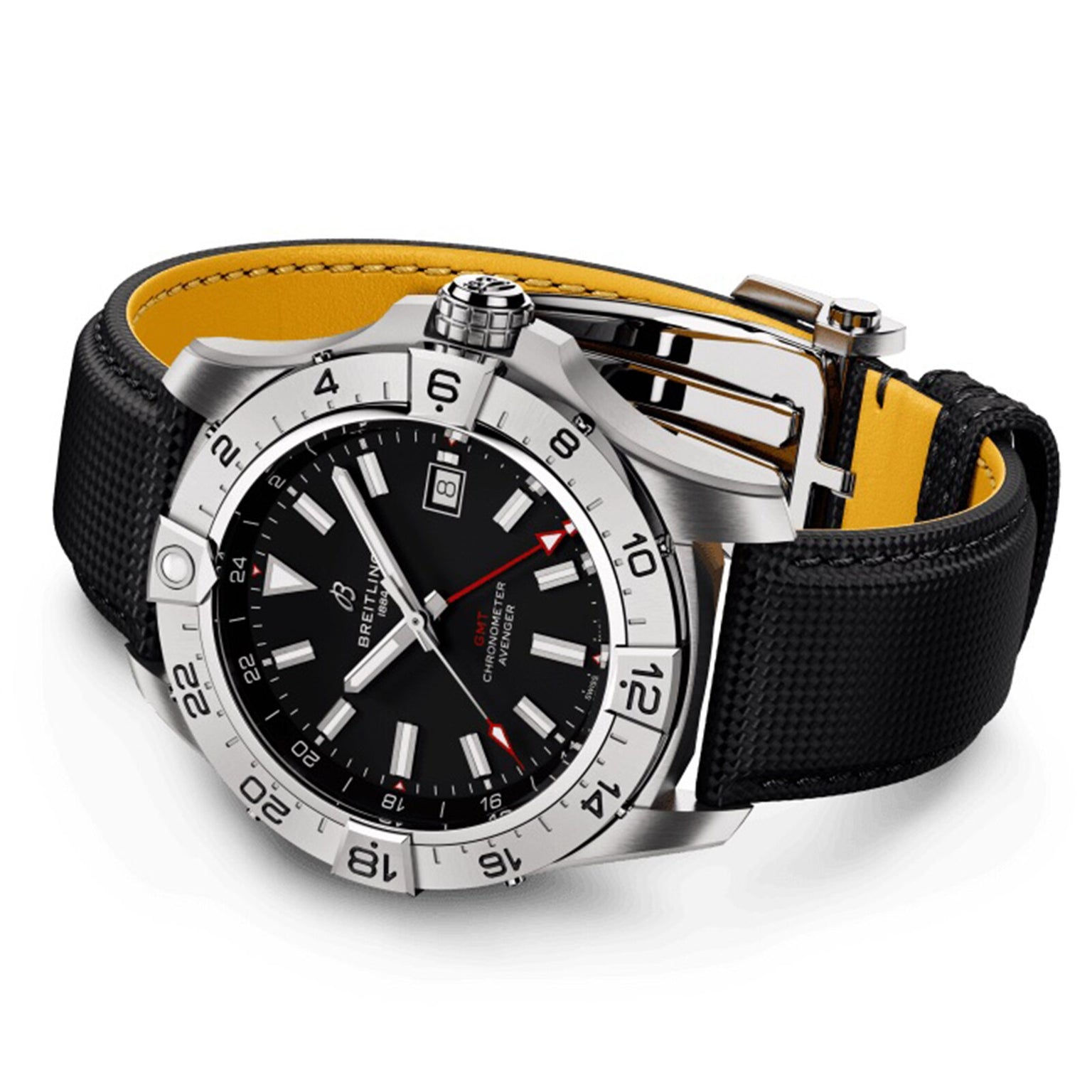 The Breitling Avenger Automatic GMT 44 is a silver wristwatch with a black dial, date display, and military-grade leather strap with yellow lining, shown at an angle.