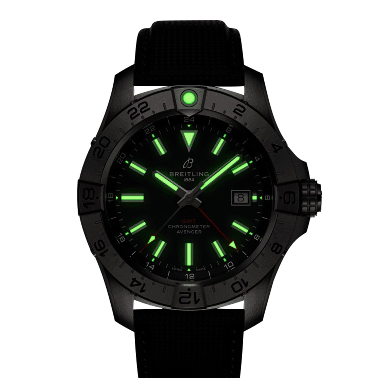 The Breitling Avenger Automatic GMT 44 features a black bezel with numerals, luminescent green hour markers and hands, and a military-grade leather strap, shown glowing in the dark.