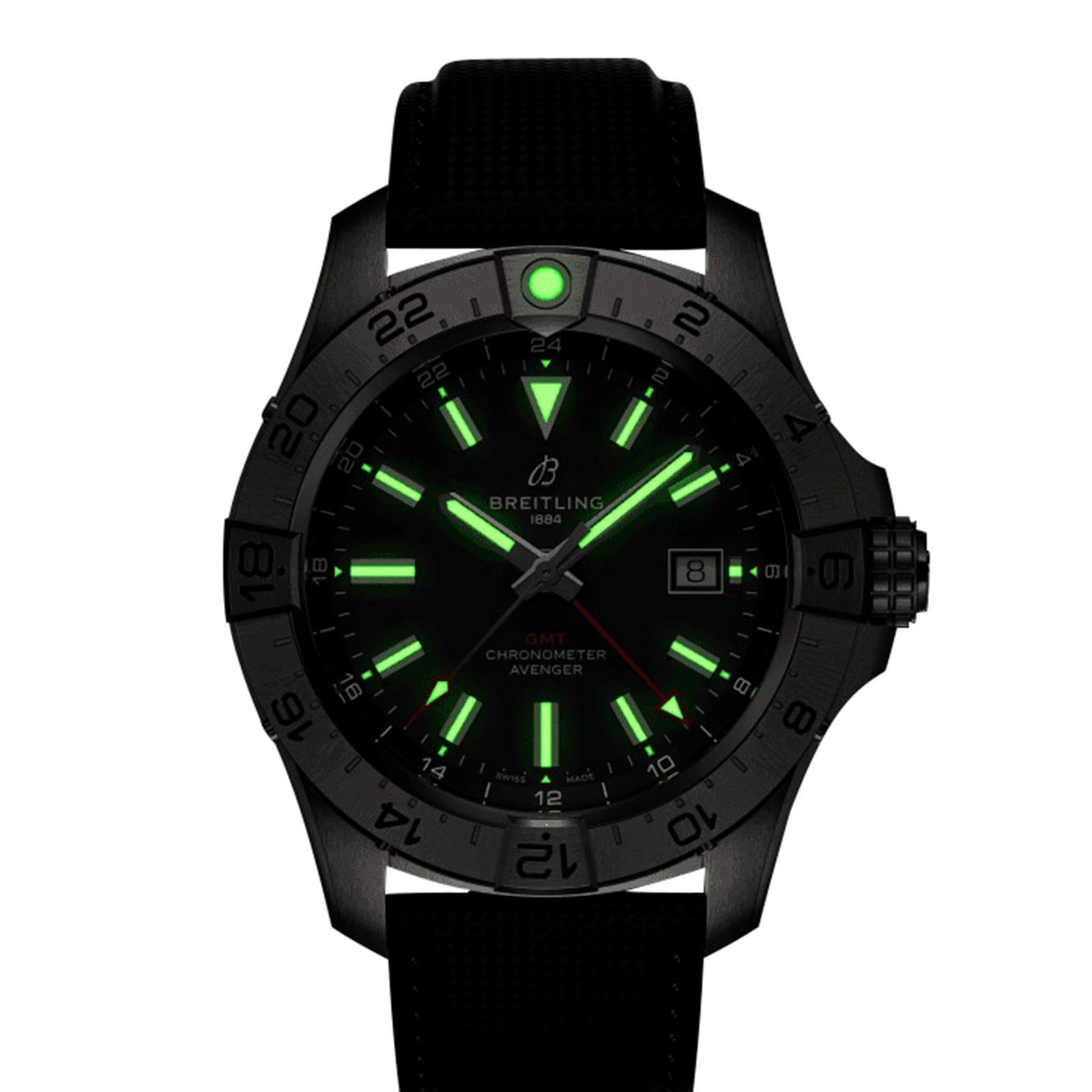 The Breitling Avenger Automatic GMT 44 features a black bezel with numerals, luminescent green hour markers and hands, and a military-grade leather strap, shown glowing in the dark.