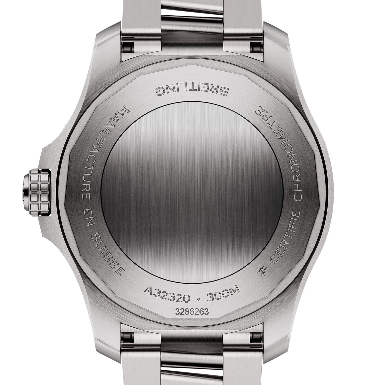 Close-up of the back of a Breitling Avenger Automatic GMT 44, highlighting the engraved metal case back with model details, water resistance, “Automatic GMT,” and “Manufacture en Suisse.”.