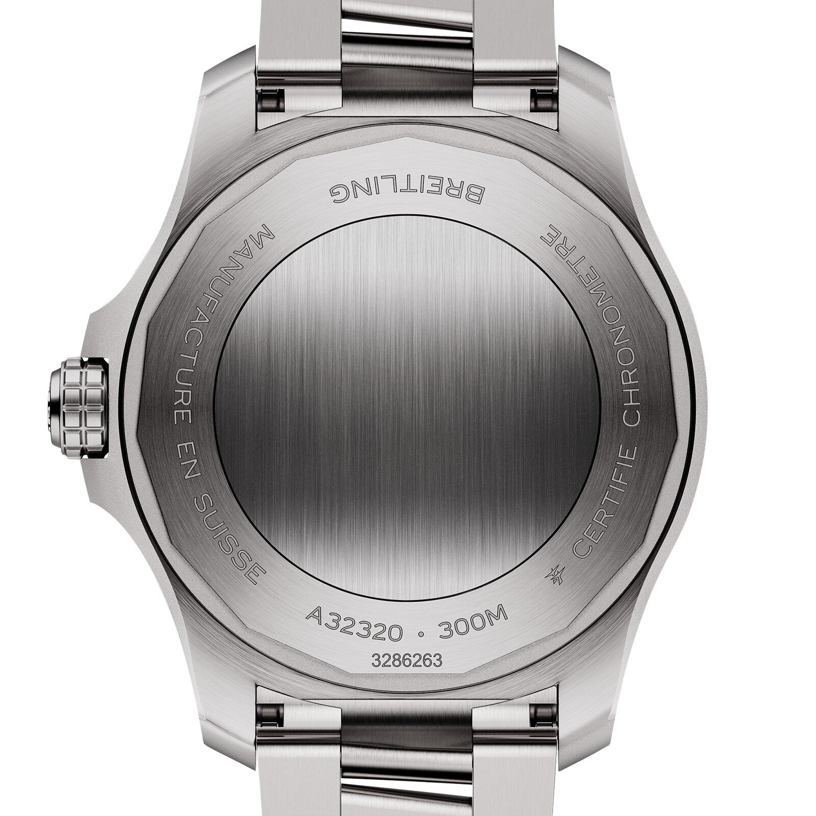 Close-up of the back of a Breitling Avenger Automatic GMT 44, highlighting the engraved metal case back with model details, water resistance, “Automatic GMT,” and “Manufacture en Suisse.”.