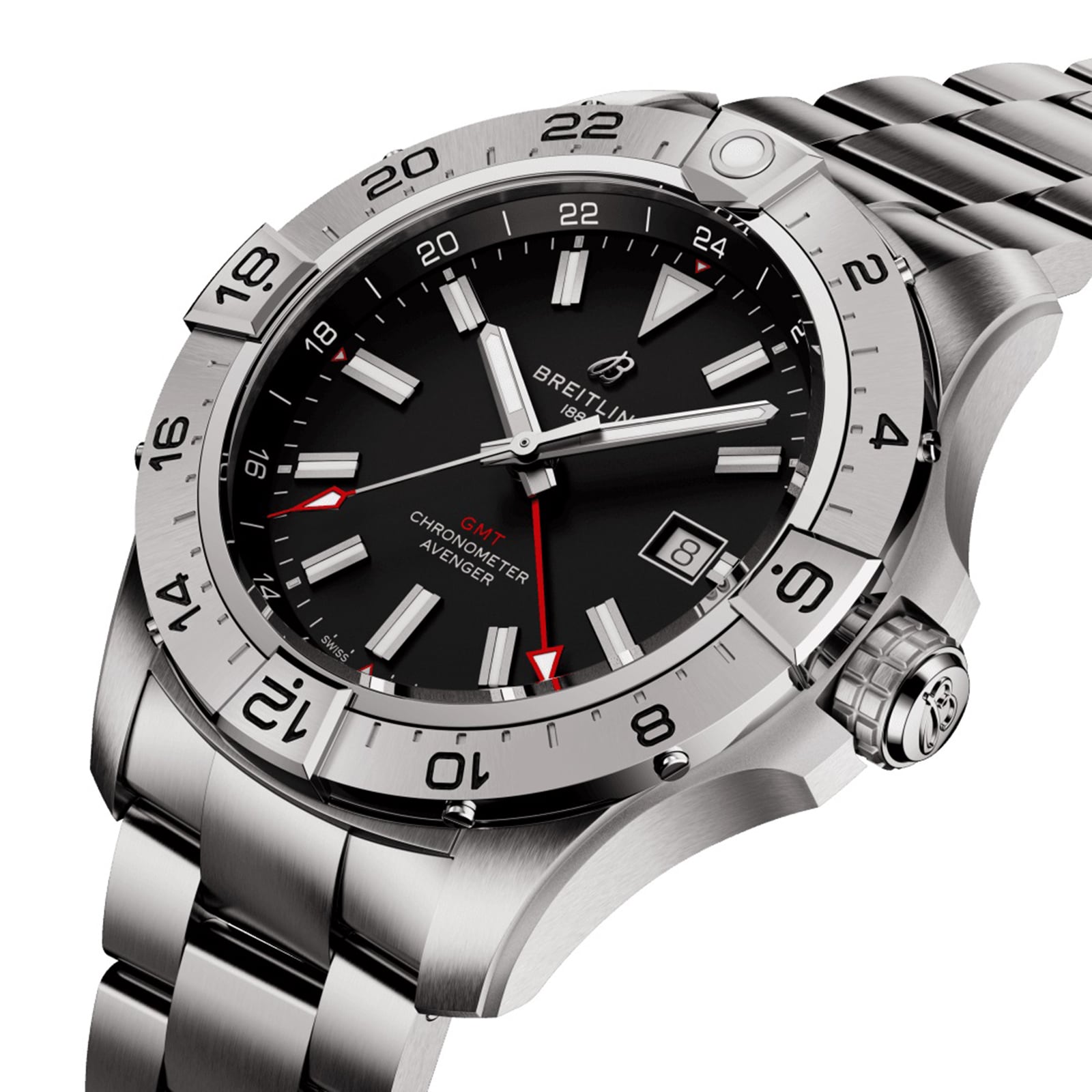 The Breitling Avenger Automatic GMT 44 is a stainless steel wristwatch with a black dial, silver hour markers, red GMT hand, date display, and metal link bracelet.