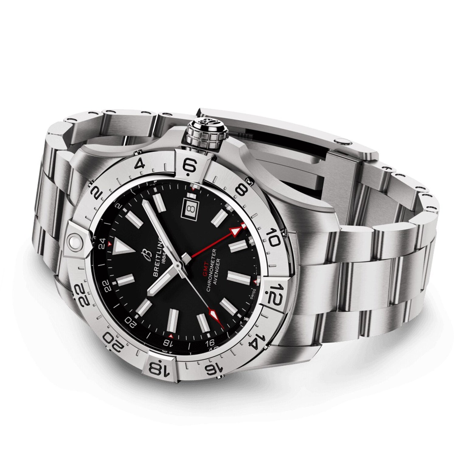 The Breitling Avenger Automatic GMT 44 is a stainless steel wristwatch with a black dial, silver hour markers, date display, rotating bezel, metal bracelet, and automatic GMT movement.