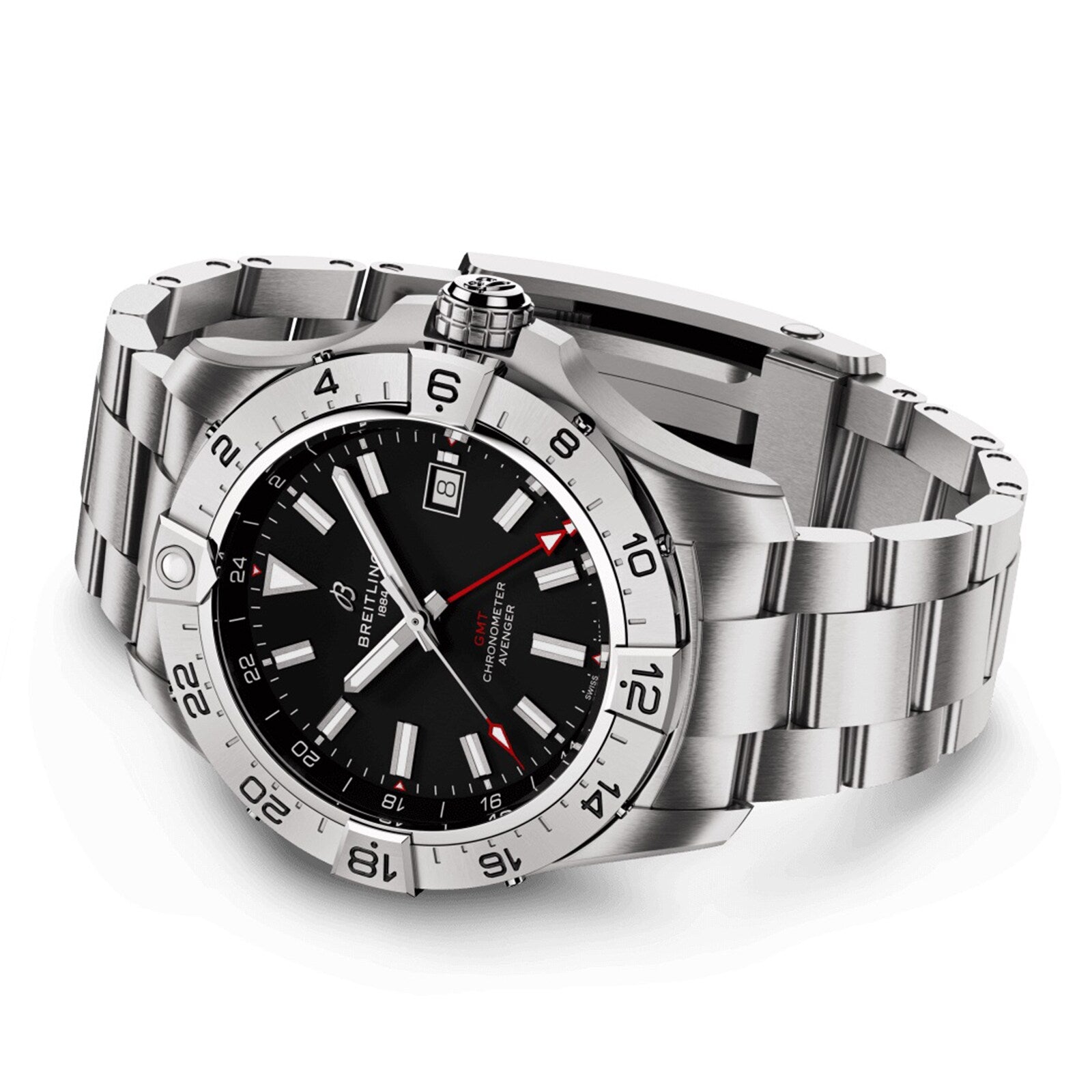 The Breitling Avenger Automatic GMT 44 is a stainless steel wristwatch with a black dial, silver hour markers, date display, rotating bezel, metal bracelet, and automatic GMT movement.