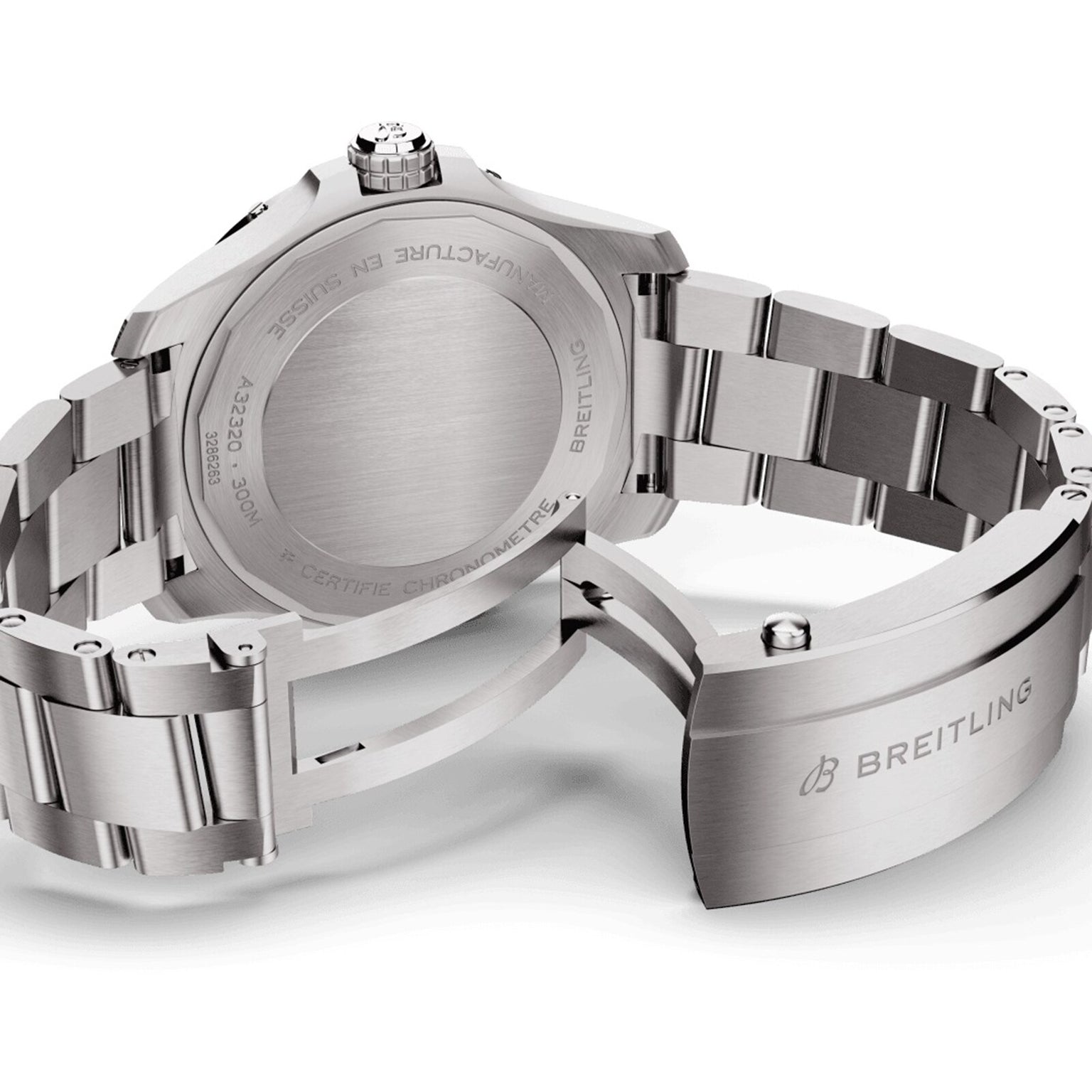 The Breitling Avenger Automatic GMT 44 is displayed from the back, showcasing its engraved stainless steel caseback and a clasp branded with the Breitling logo.